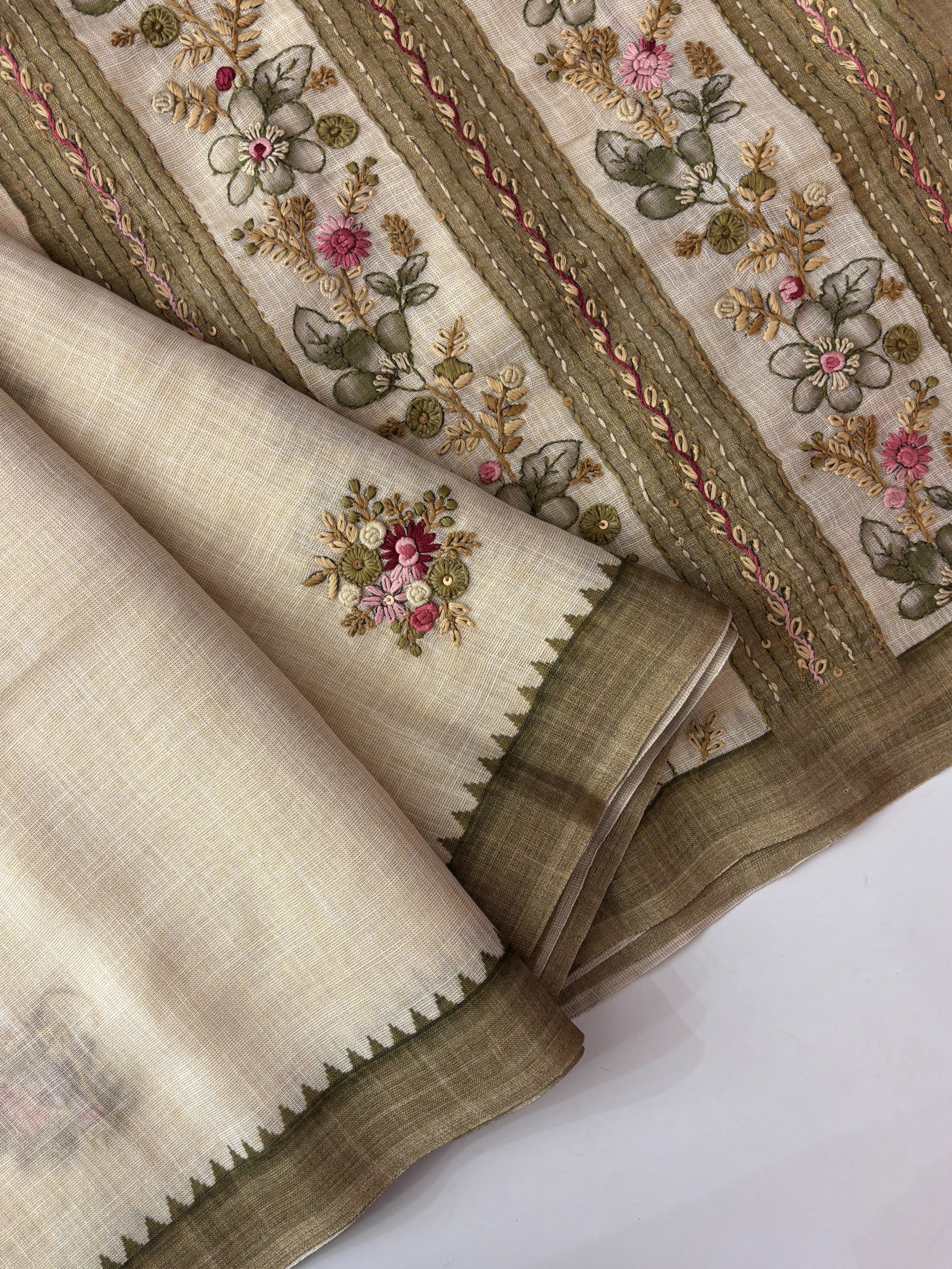 Cream and Green Tissue Linen Knot Work Saree