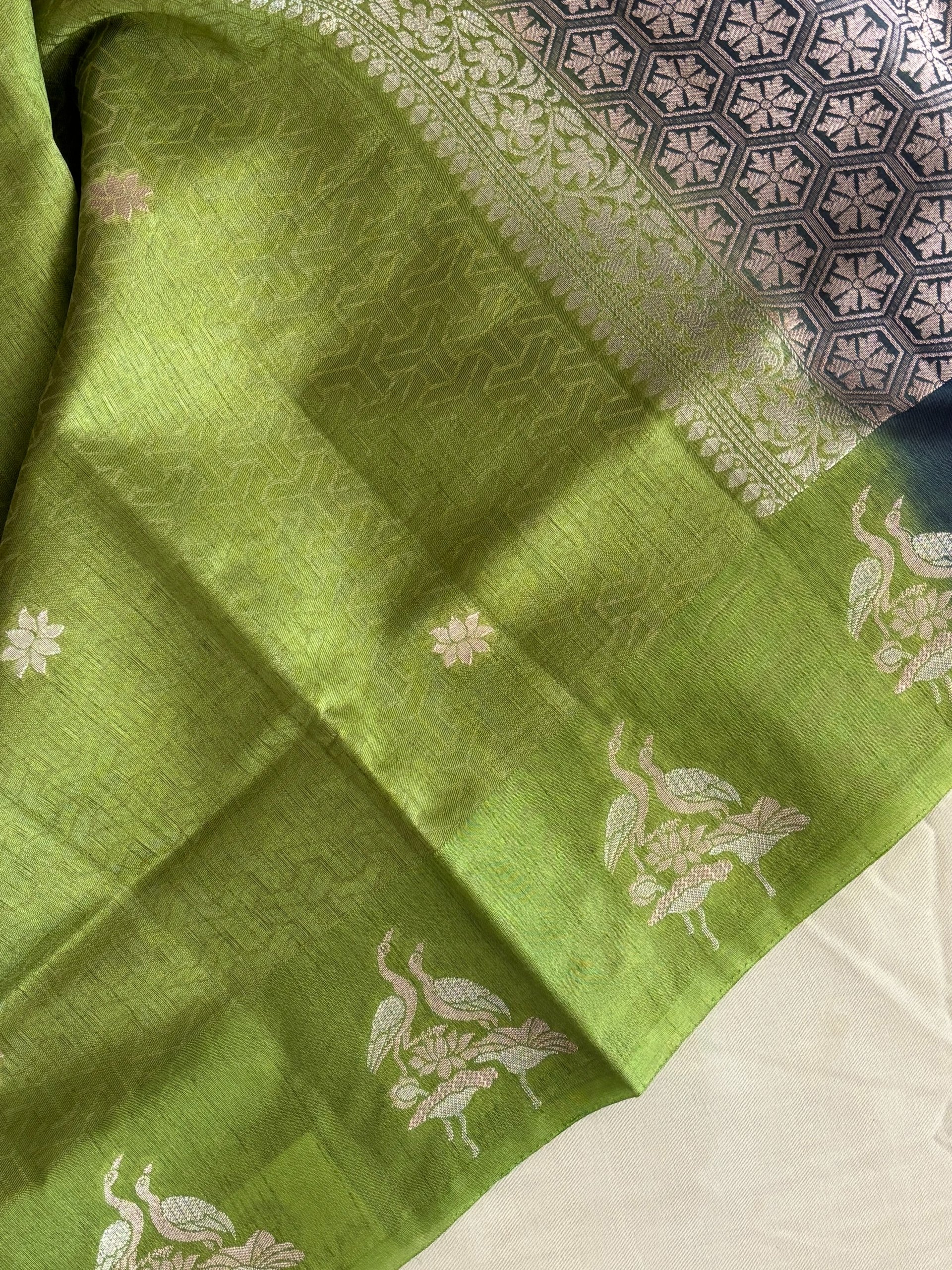 Parrot Green Semi Tussar Silk Saree