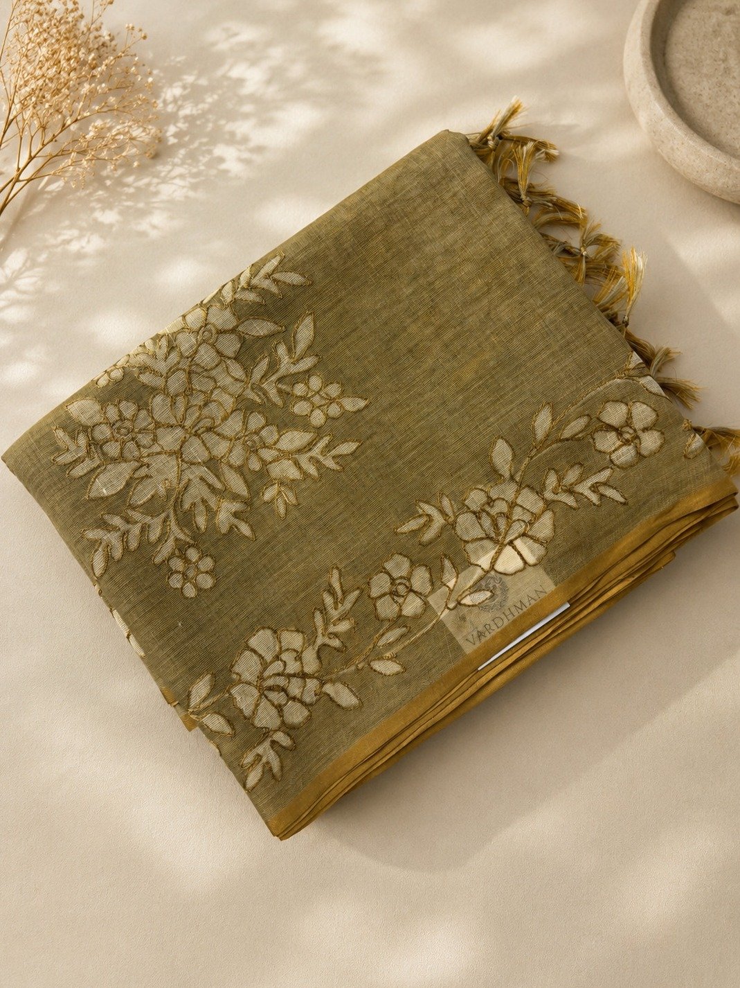 Golden Tissue Linen Saree with Embroidery