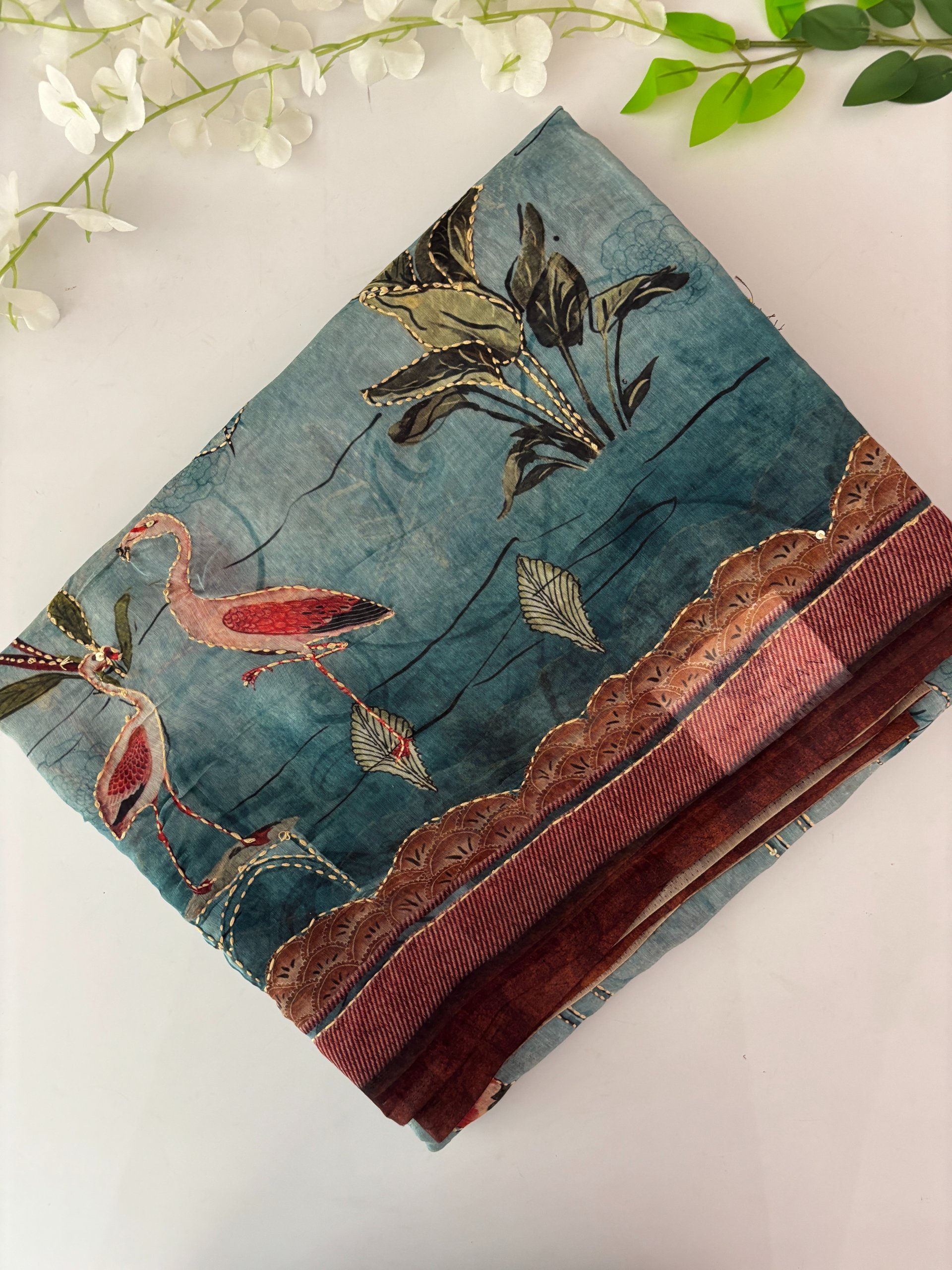 Blue Kantha Work Saree