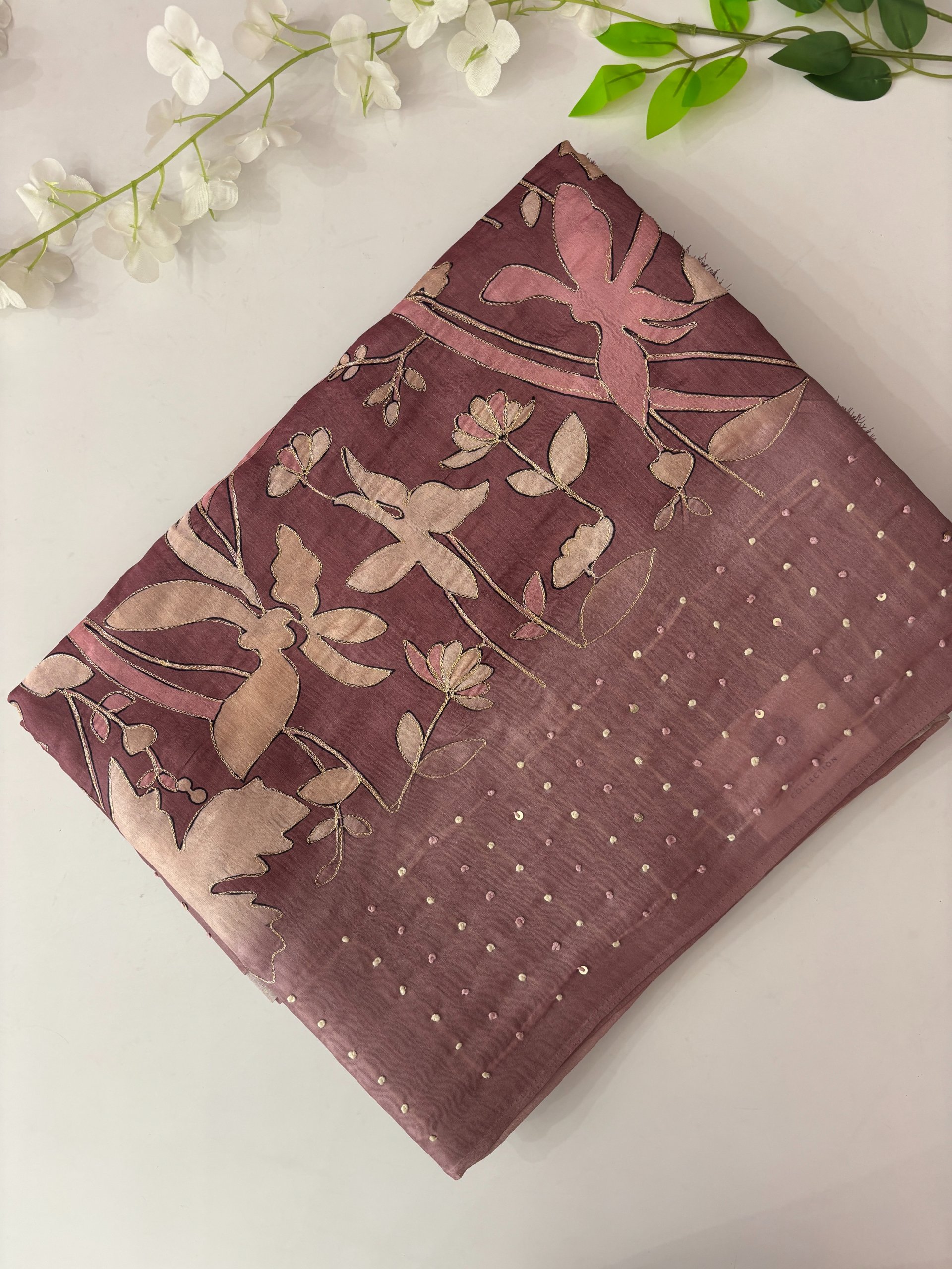 Onion Pink Printed Soft Tussar Silk Saree with Aari & Knot Work