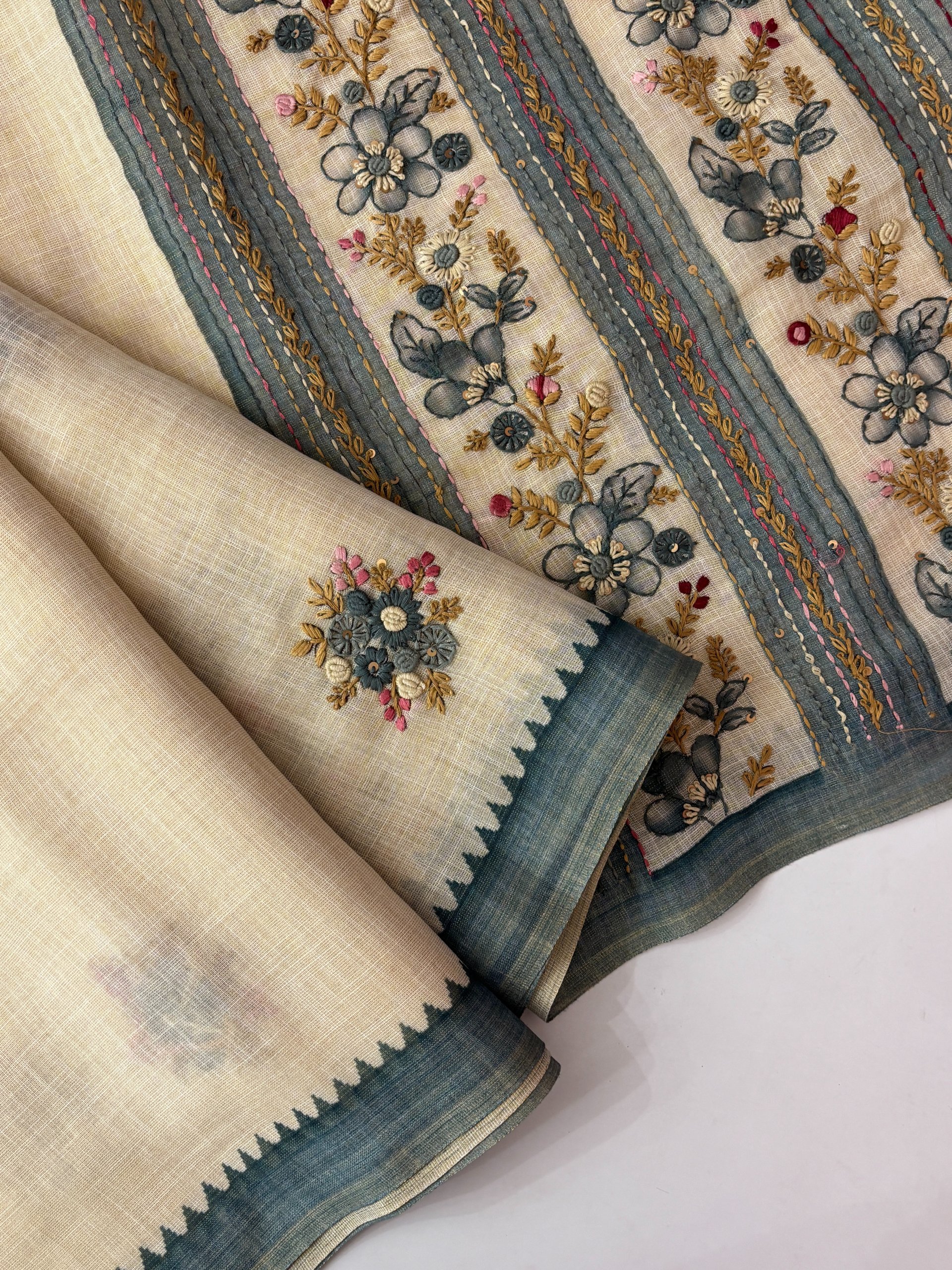 Cream and Blue Tissue Linen Knot Work Saree