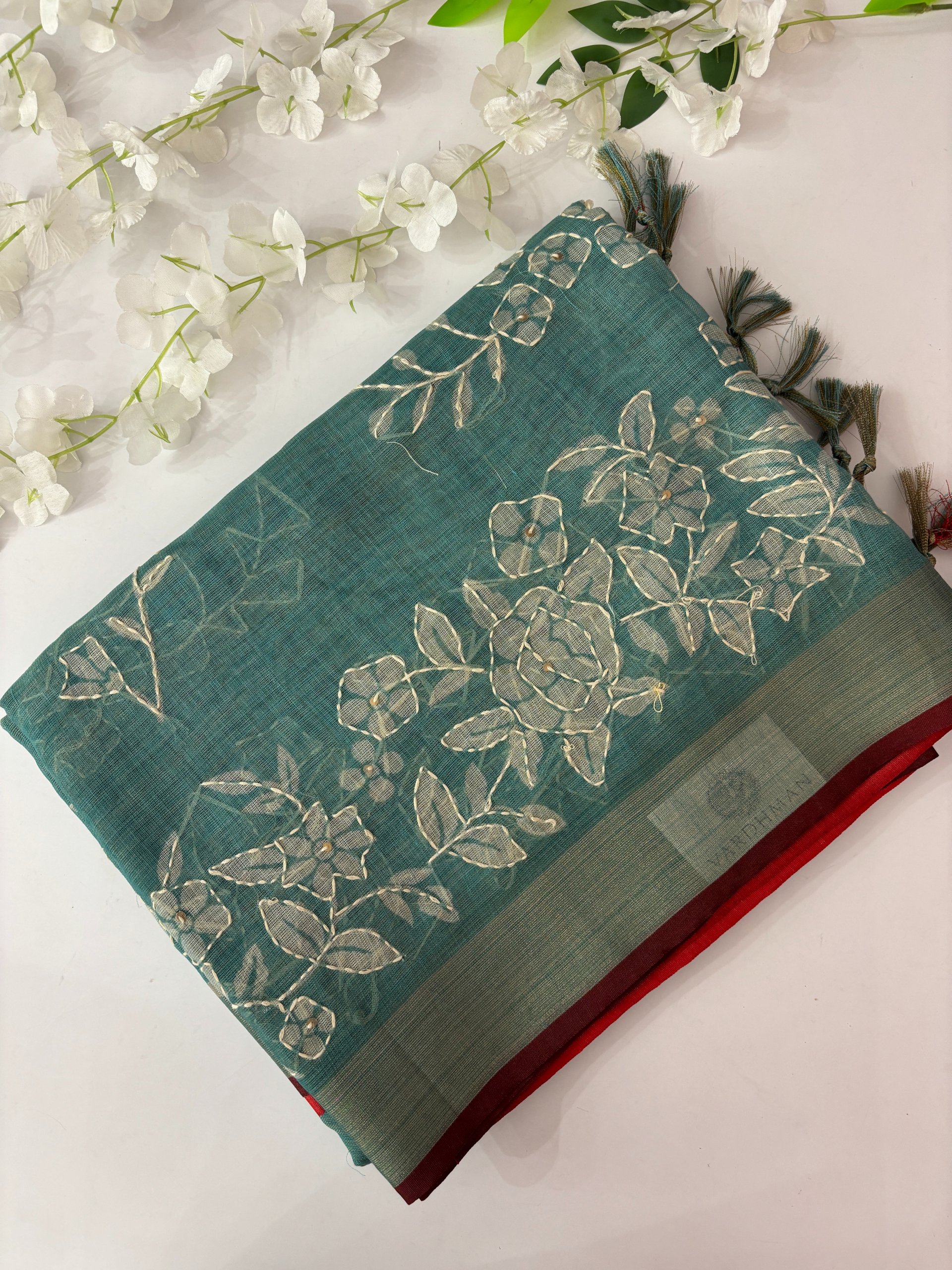 Blue Linen Tissue Saree with Kantha Work