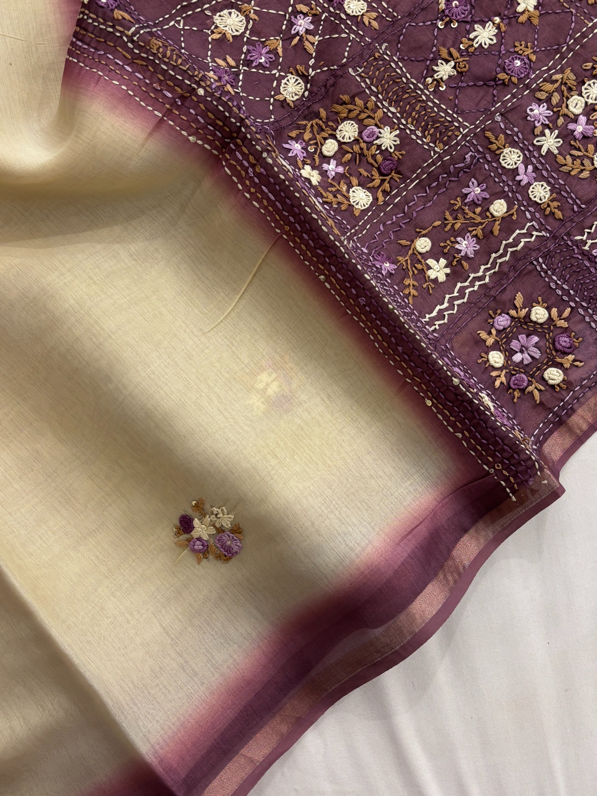 Wine and Cream Tusser Organza Saree with Knot Work