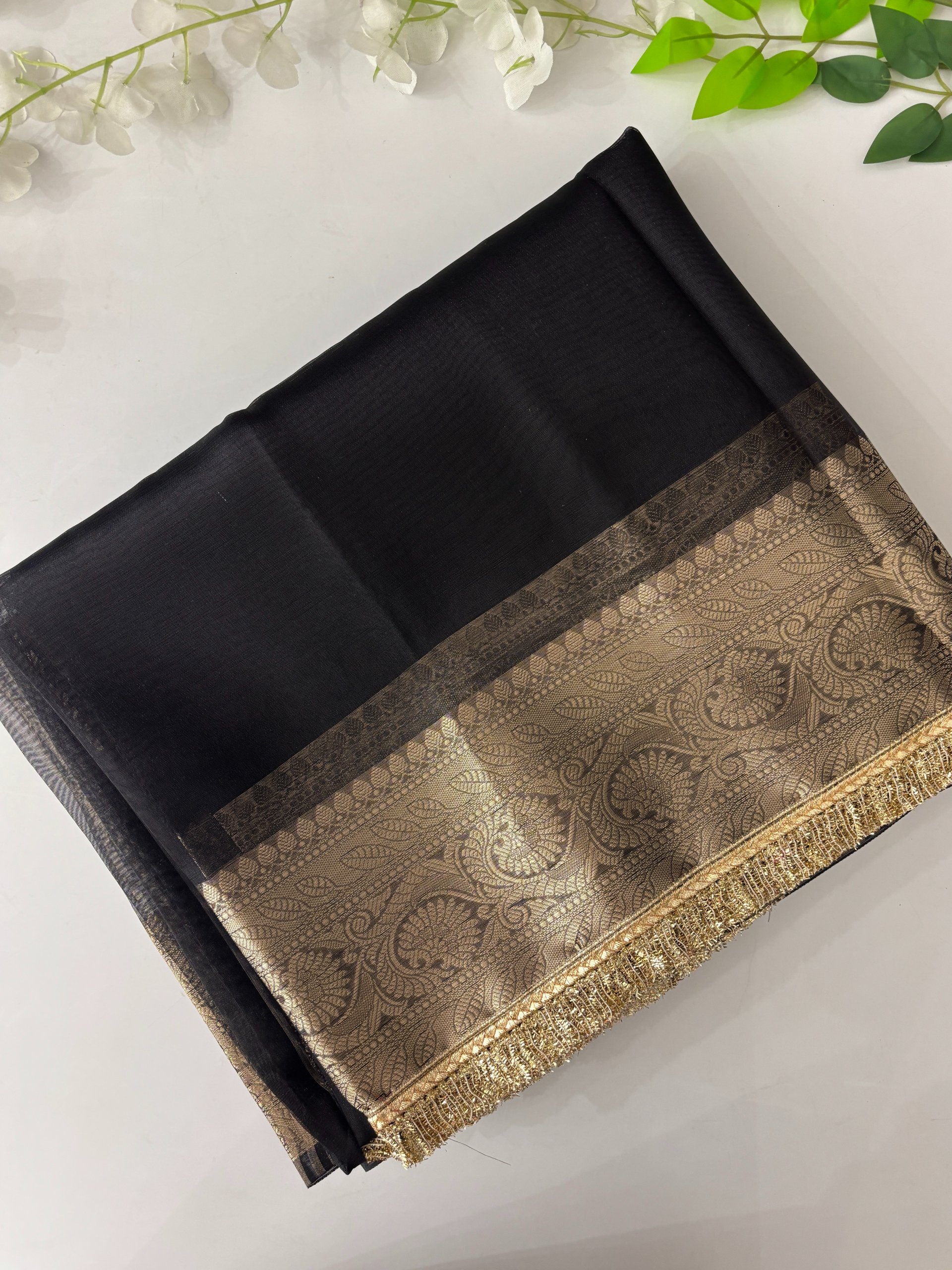 Black Banarasi Tissue Saree with Lace Border