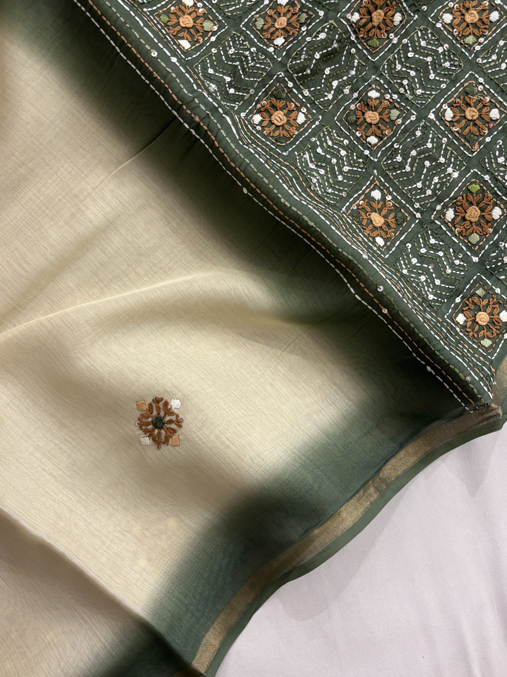 Green and Cream Tusser Organza Saree with Knot Work
