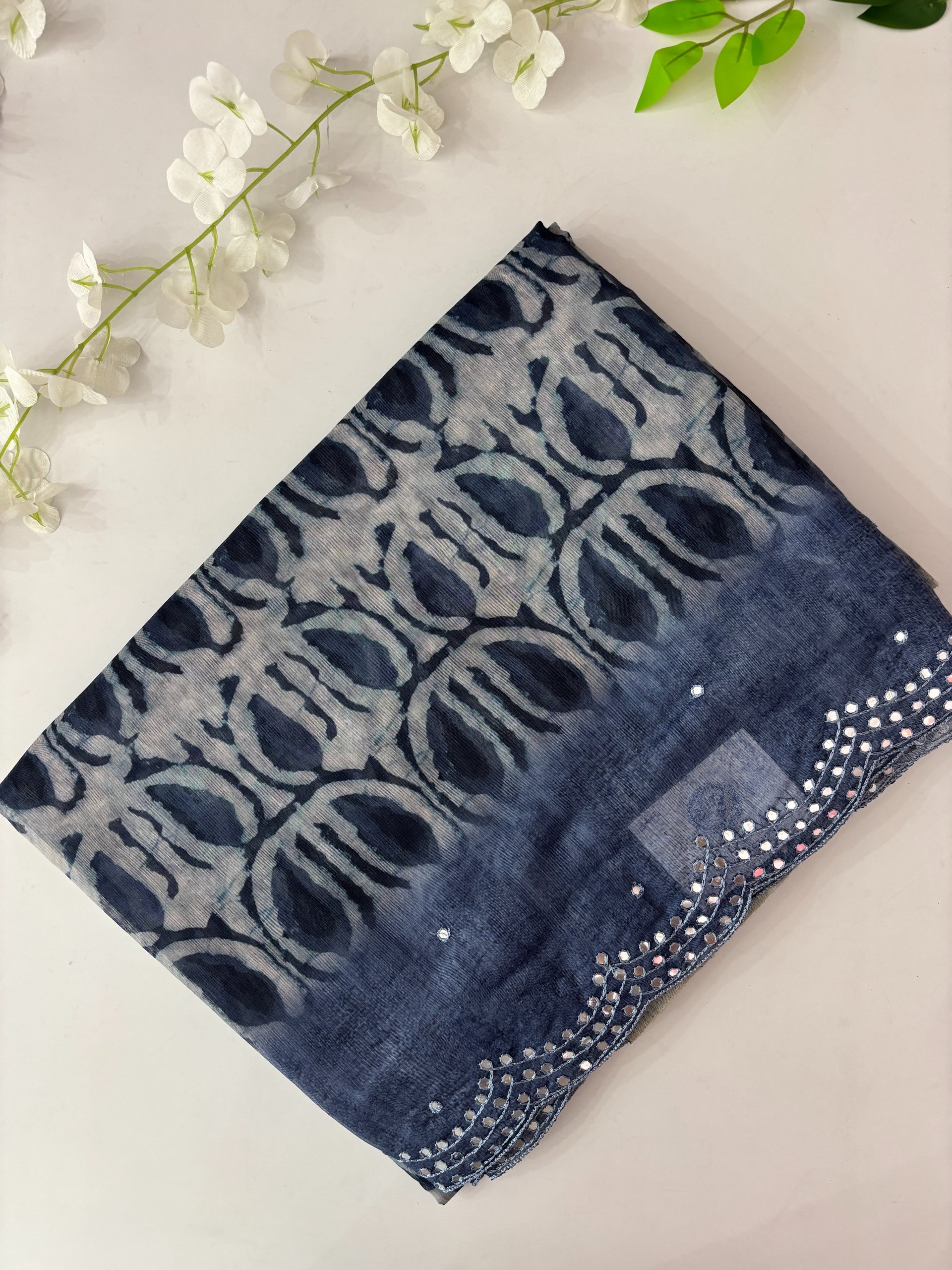 Blue Scalping Border Digital Chanderi Cotton Saree with Mirror Work