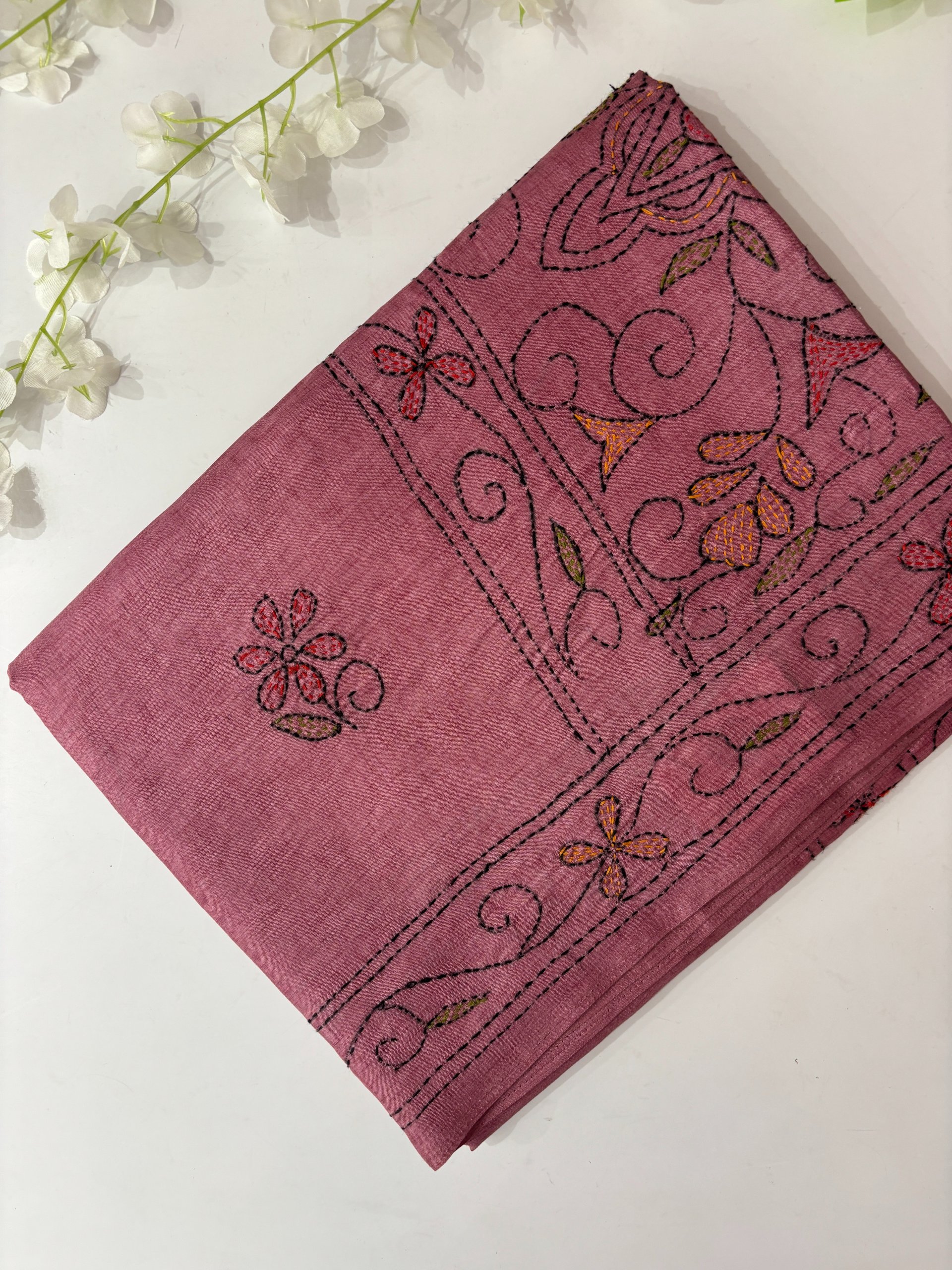 Pink Semi Desi Tussar Silk with Kantha Work