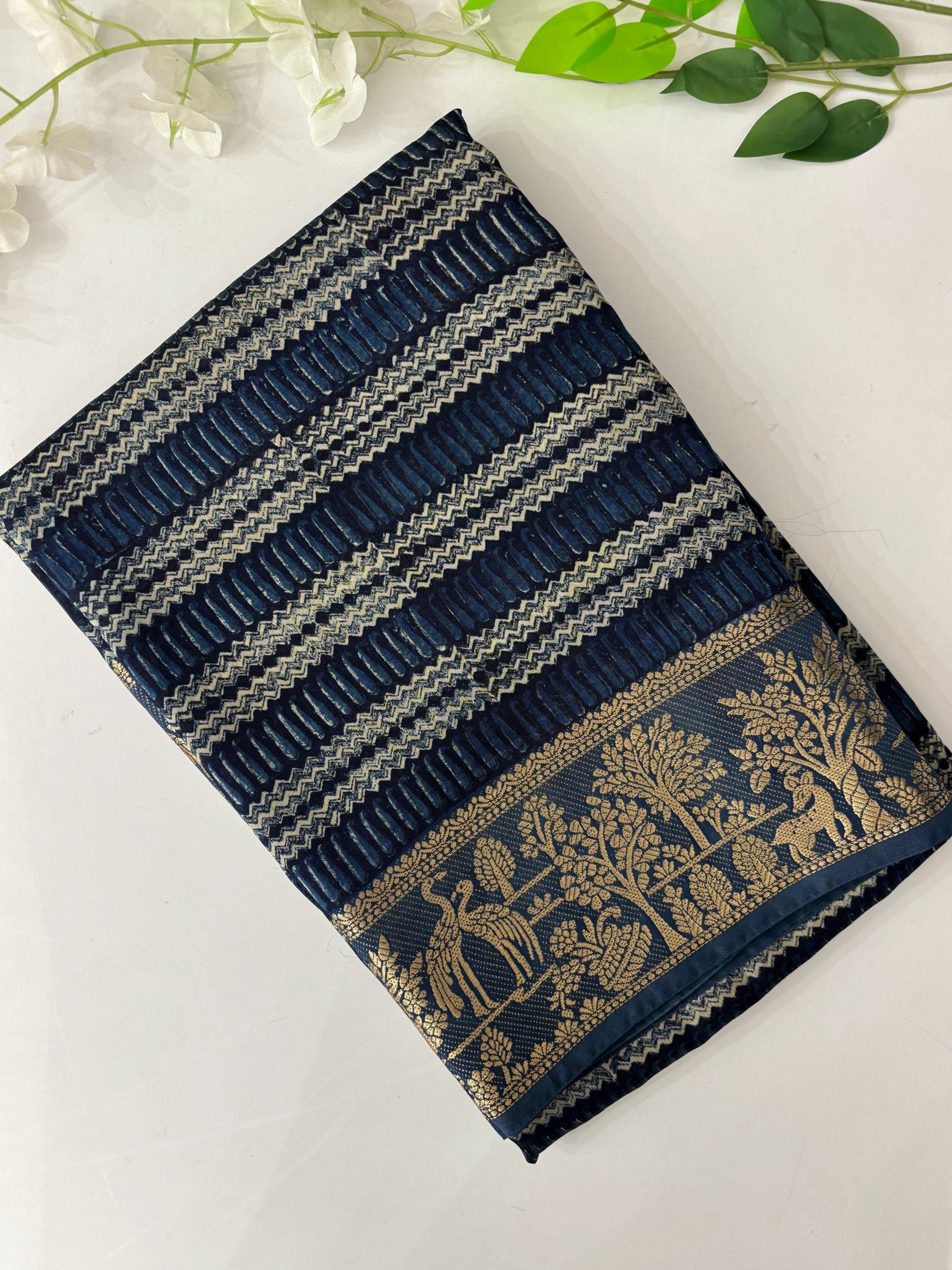 Semi Indigo Print Chanderi Cotton Saree