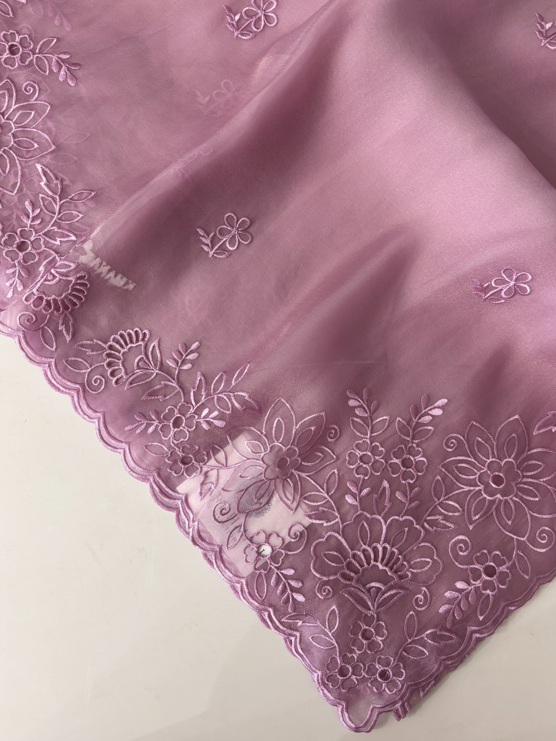 Lavender Soft Organza Saree with Cutwork and Scalloping Border