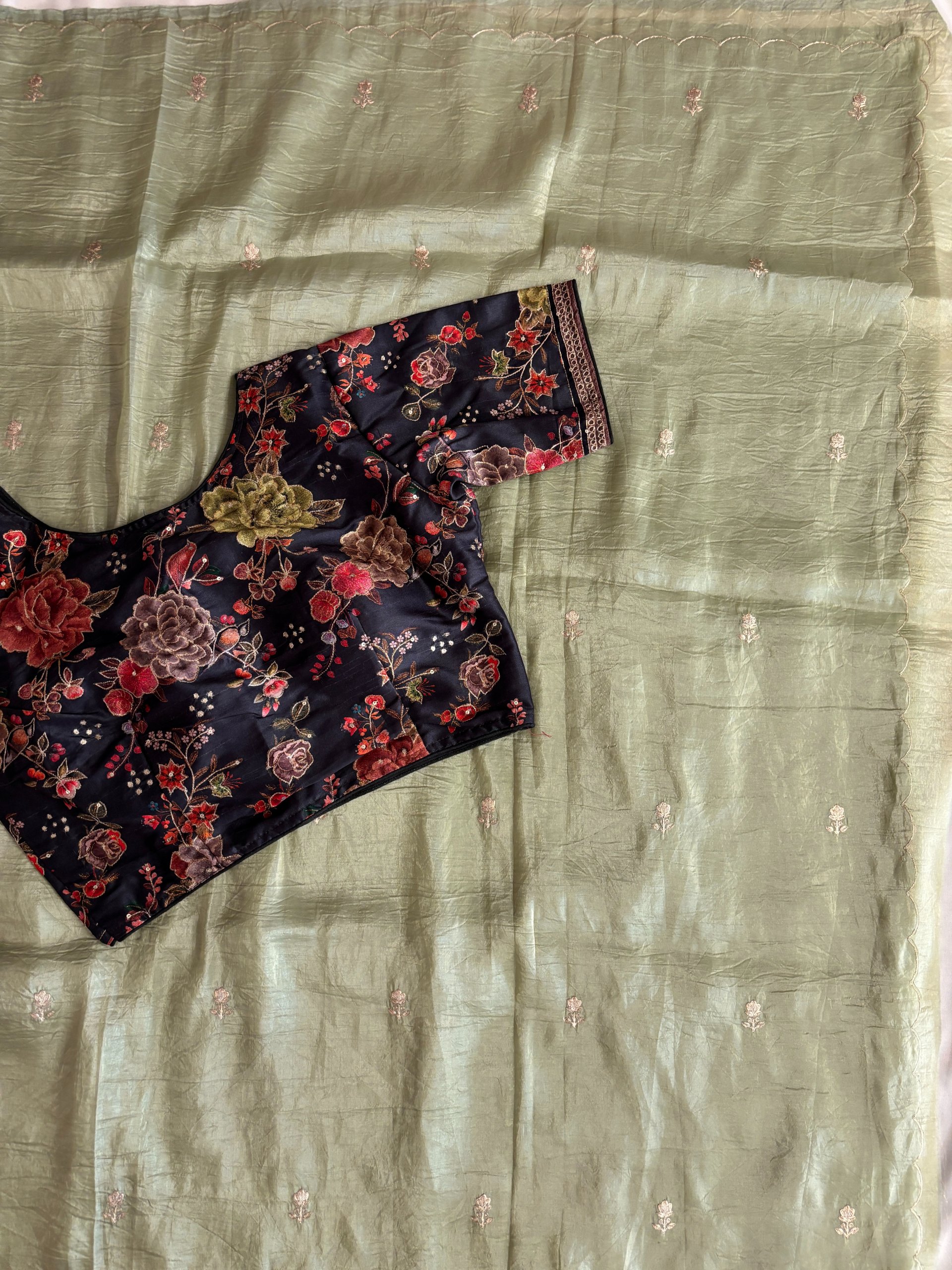 Pista Tissue Crush Organza Saree with Aari Work