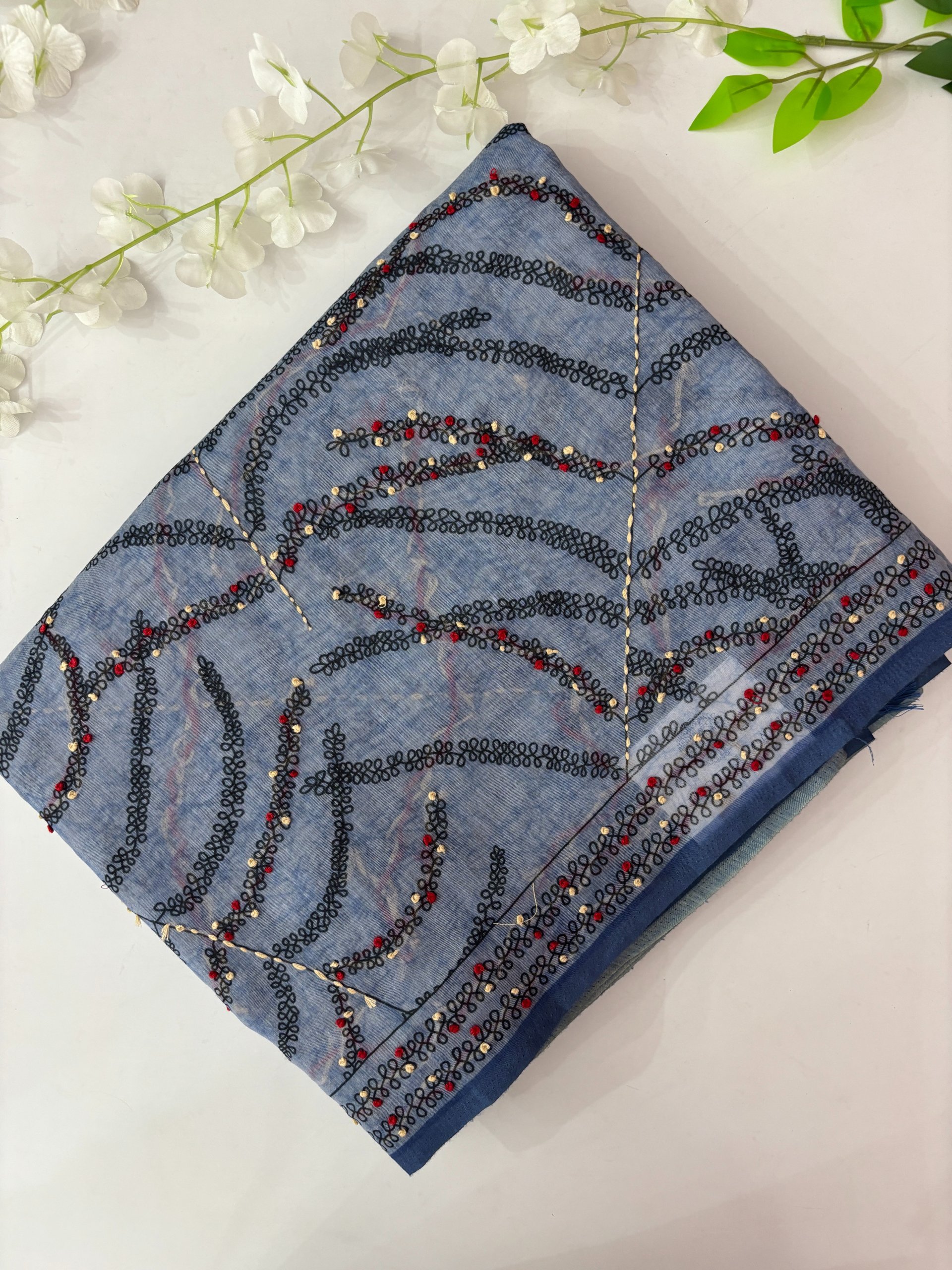 Blue Printed Chanderi Cotton Saree with Knot Work