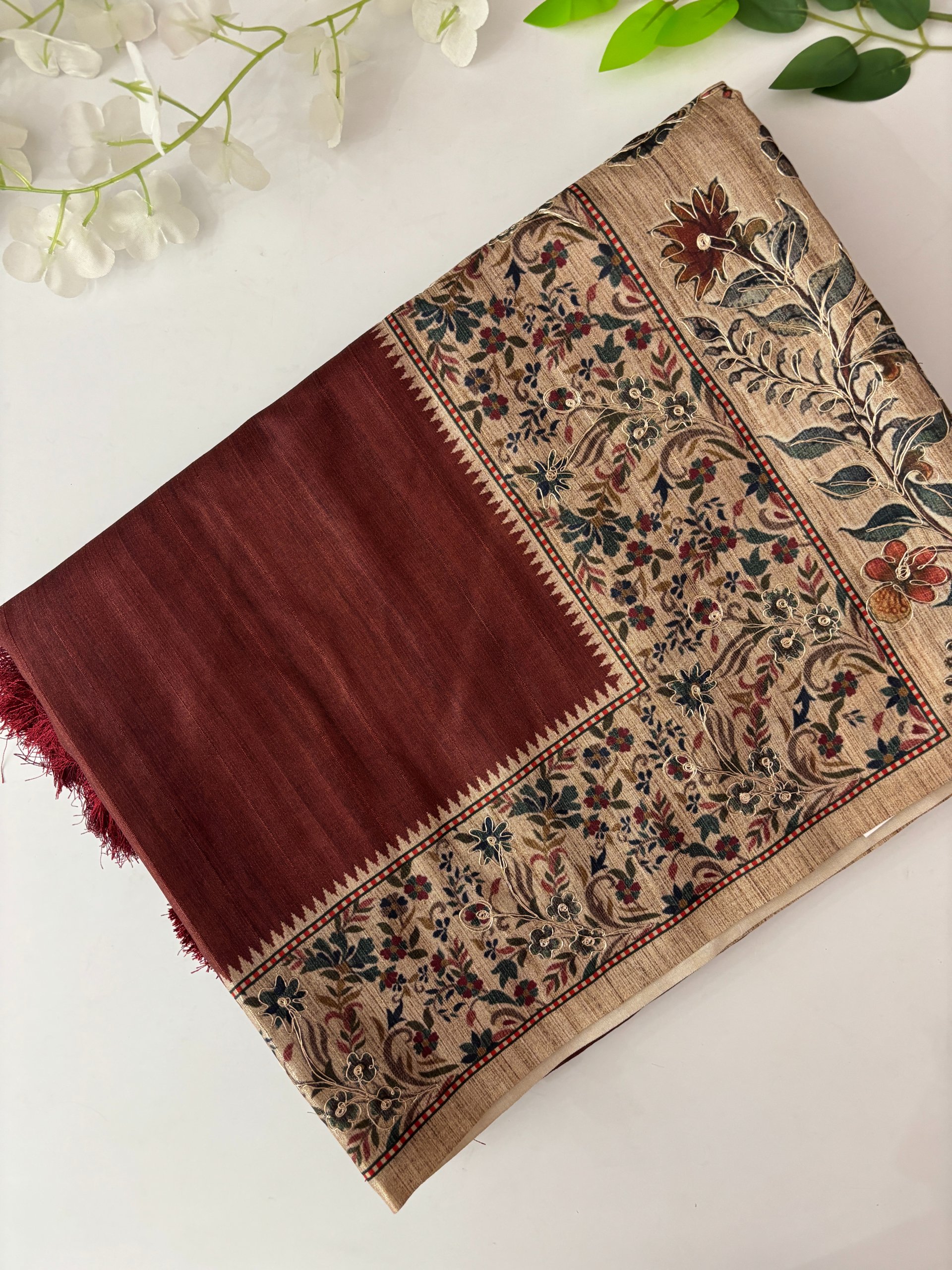 Dark Maroon Tussar Silk Saree with Aari Work 
