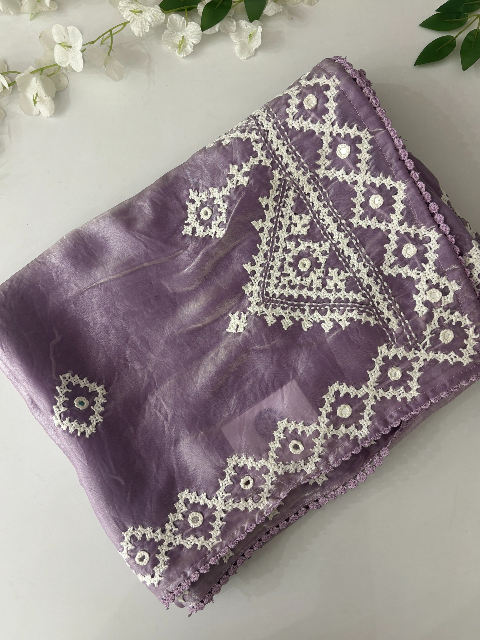 Lavender Glass Tissue Organza Sarees with Kutch Work