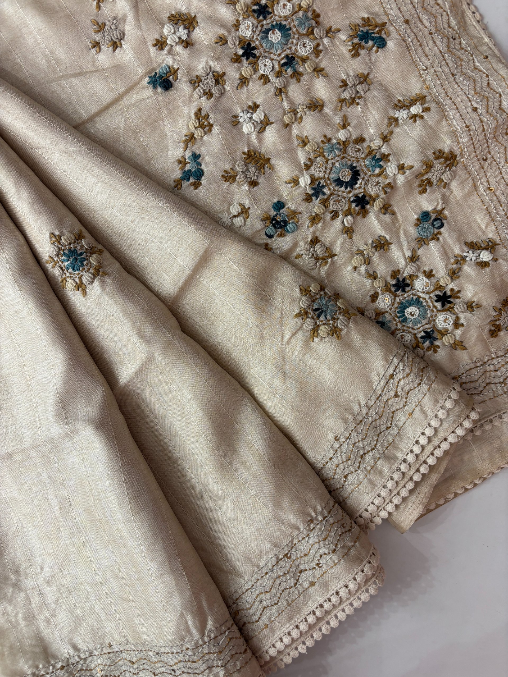 Cream Semi Tussar Silk Sarees with Knot Work