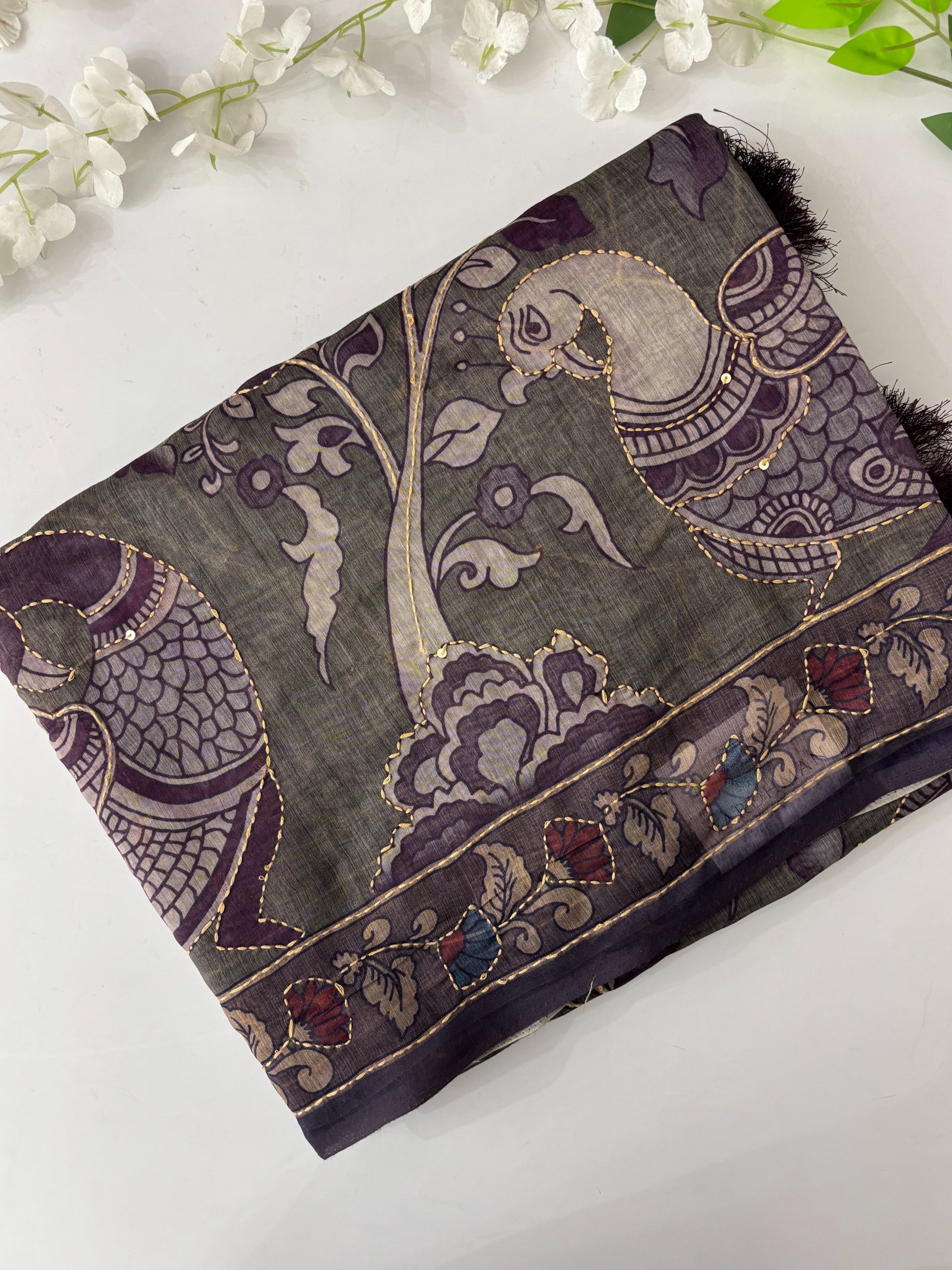 Kalamkari X Chanderi Cotton Saree with Kantha Work