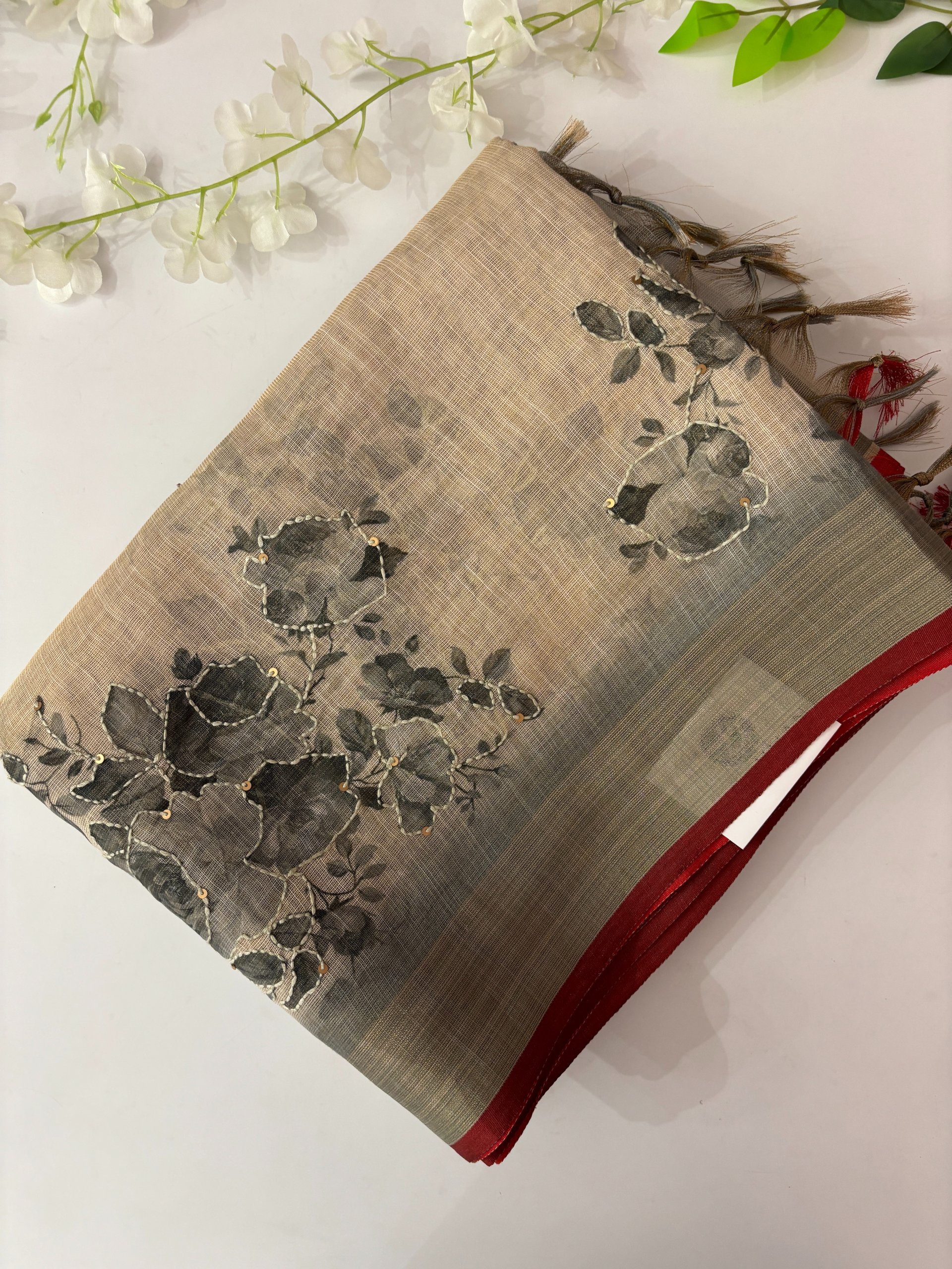 Grey and Cream Linen Tissue Saree with Kantha Work