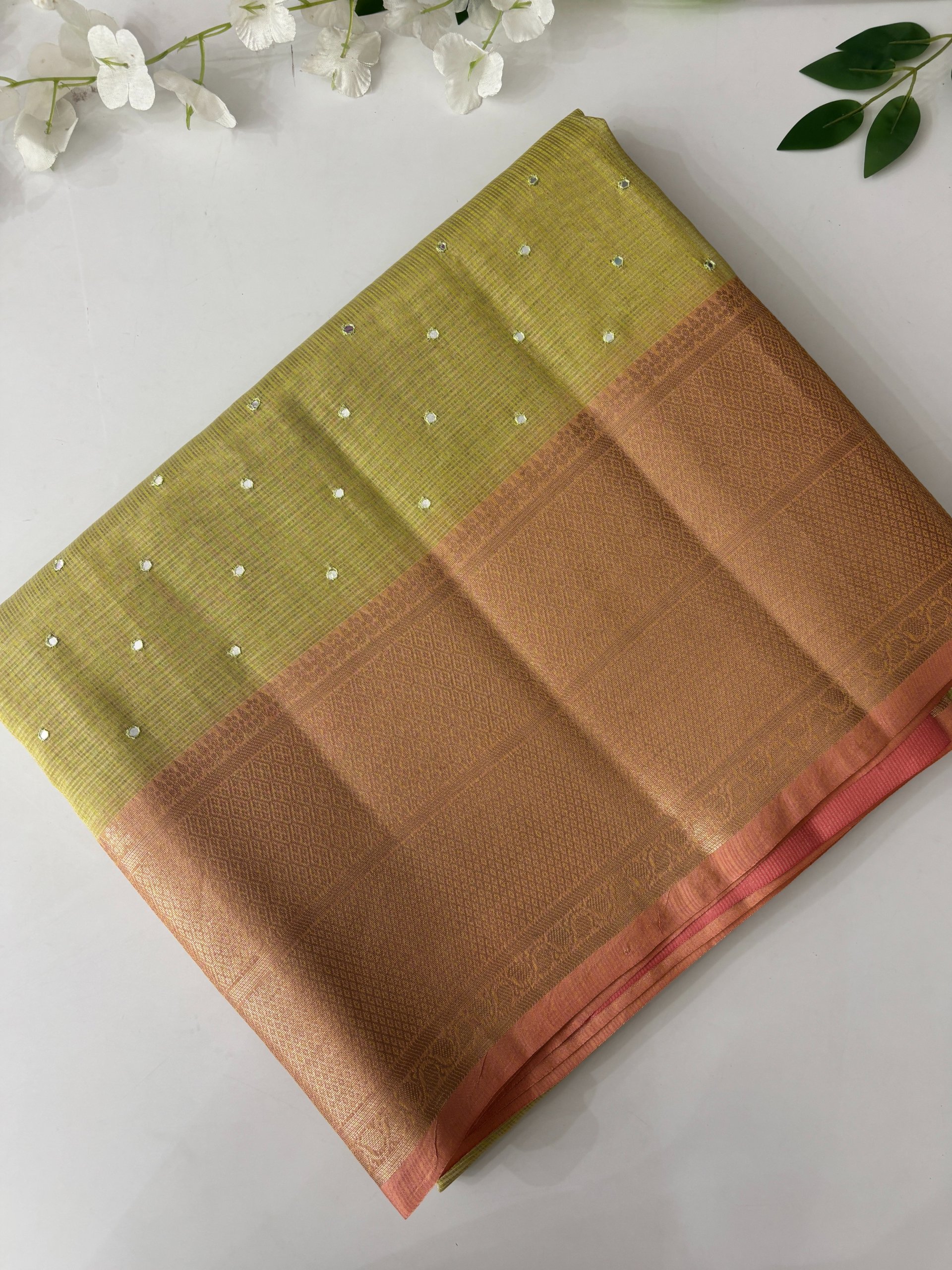 Parrot Green Tissue Kota Cotton Saree with Mirror Work