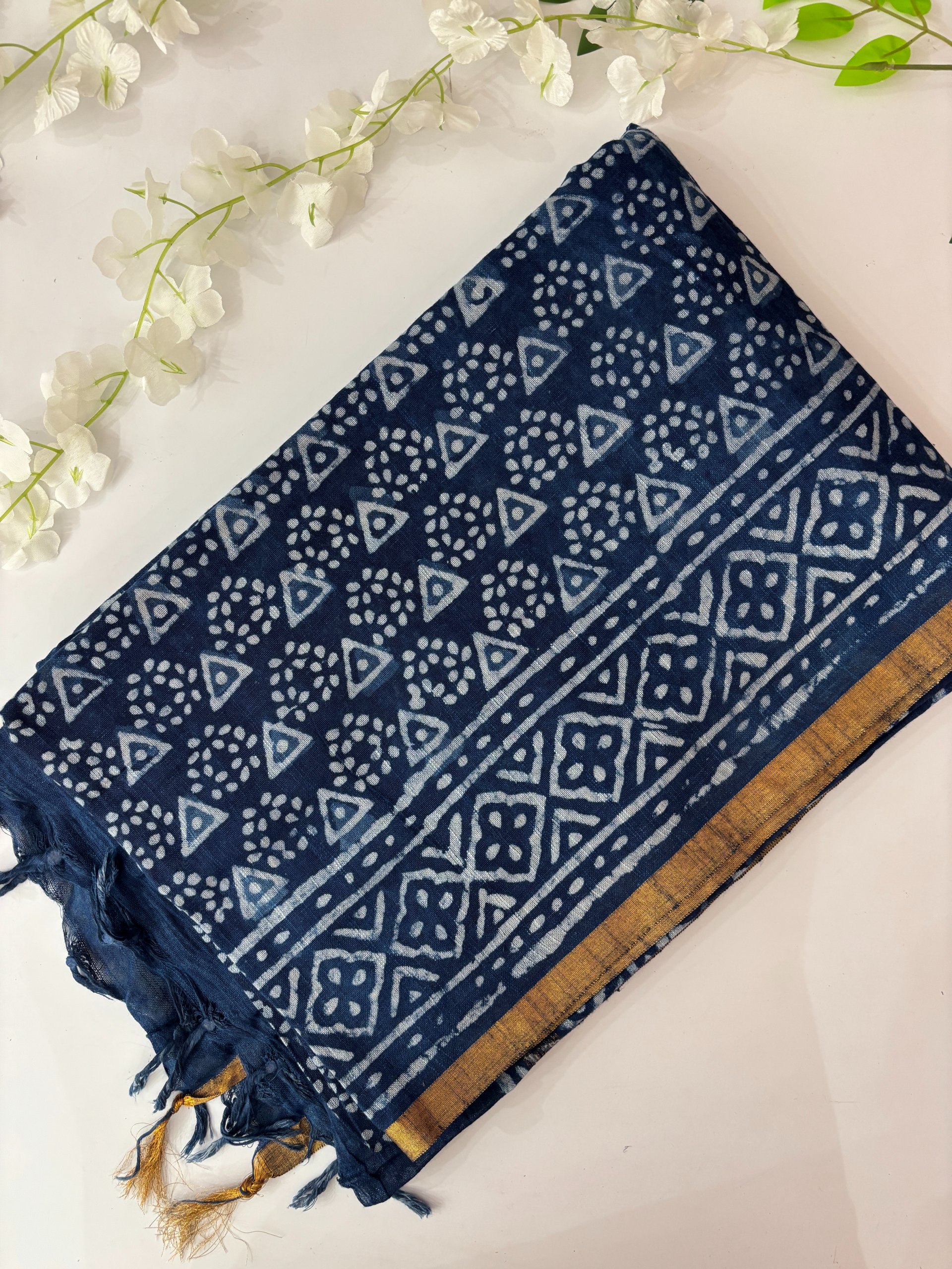 Linen Cotton Indigo Blue Saree