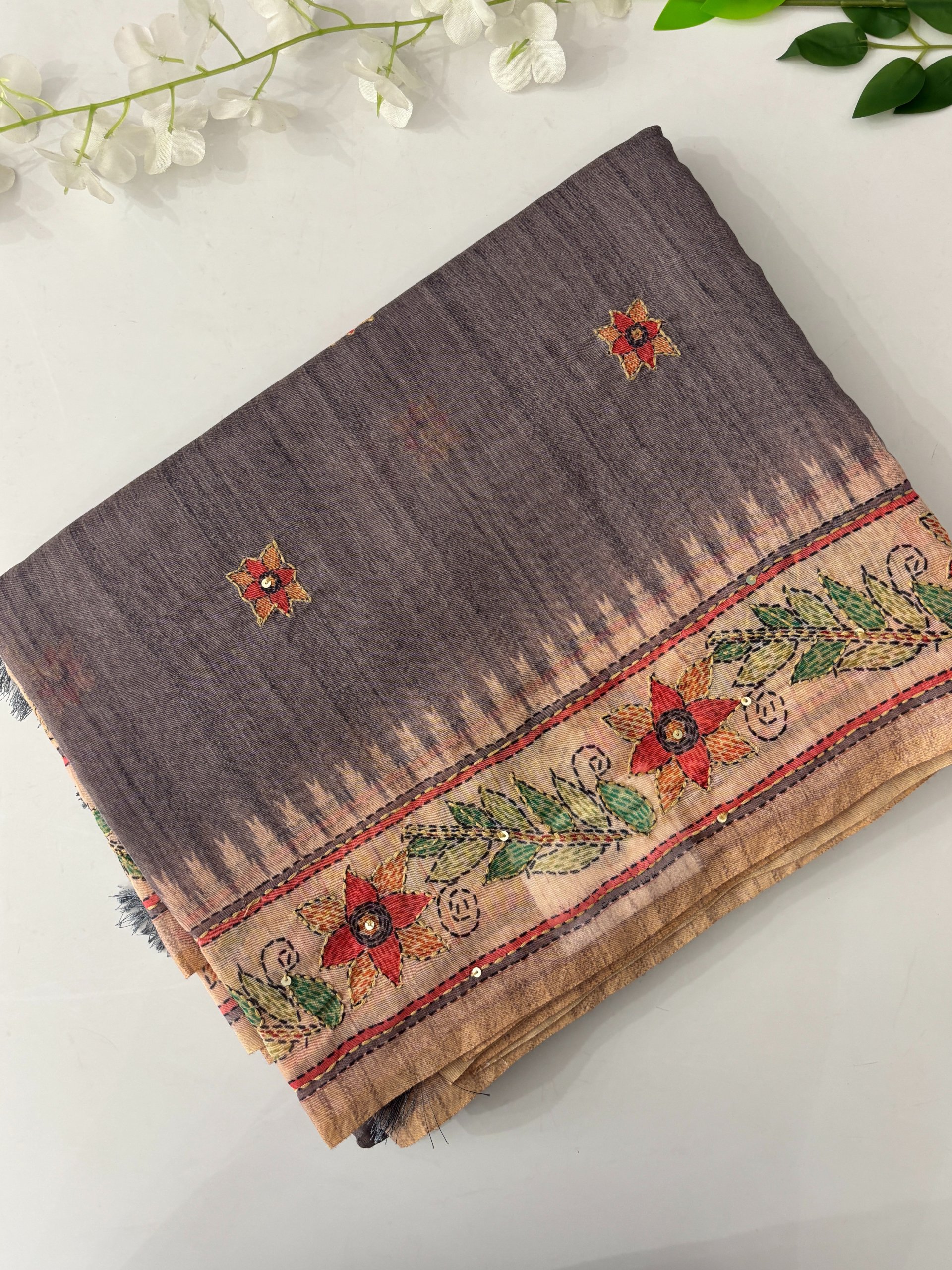 Grey Madhubani Saree with Kantha Work
