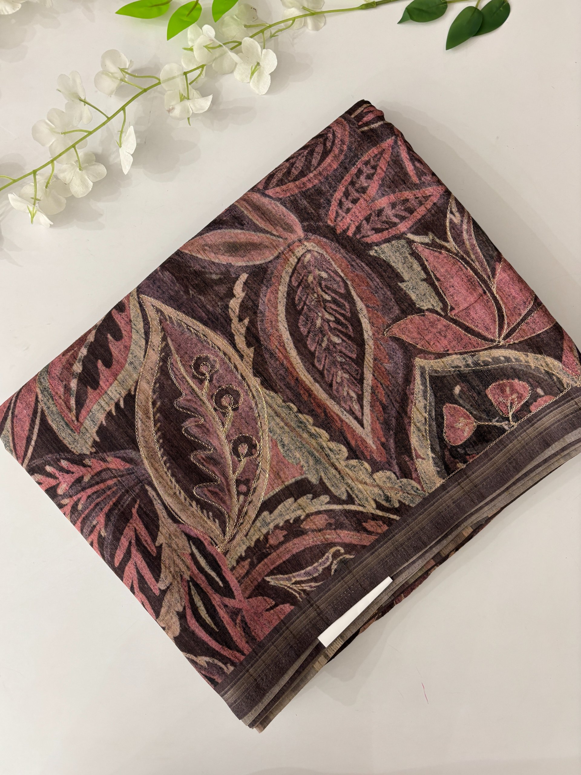 Onion Pink Tussar Silk Sarees with Aari Work 