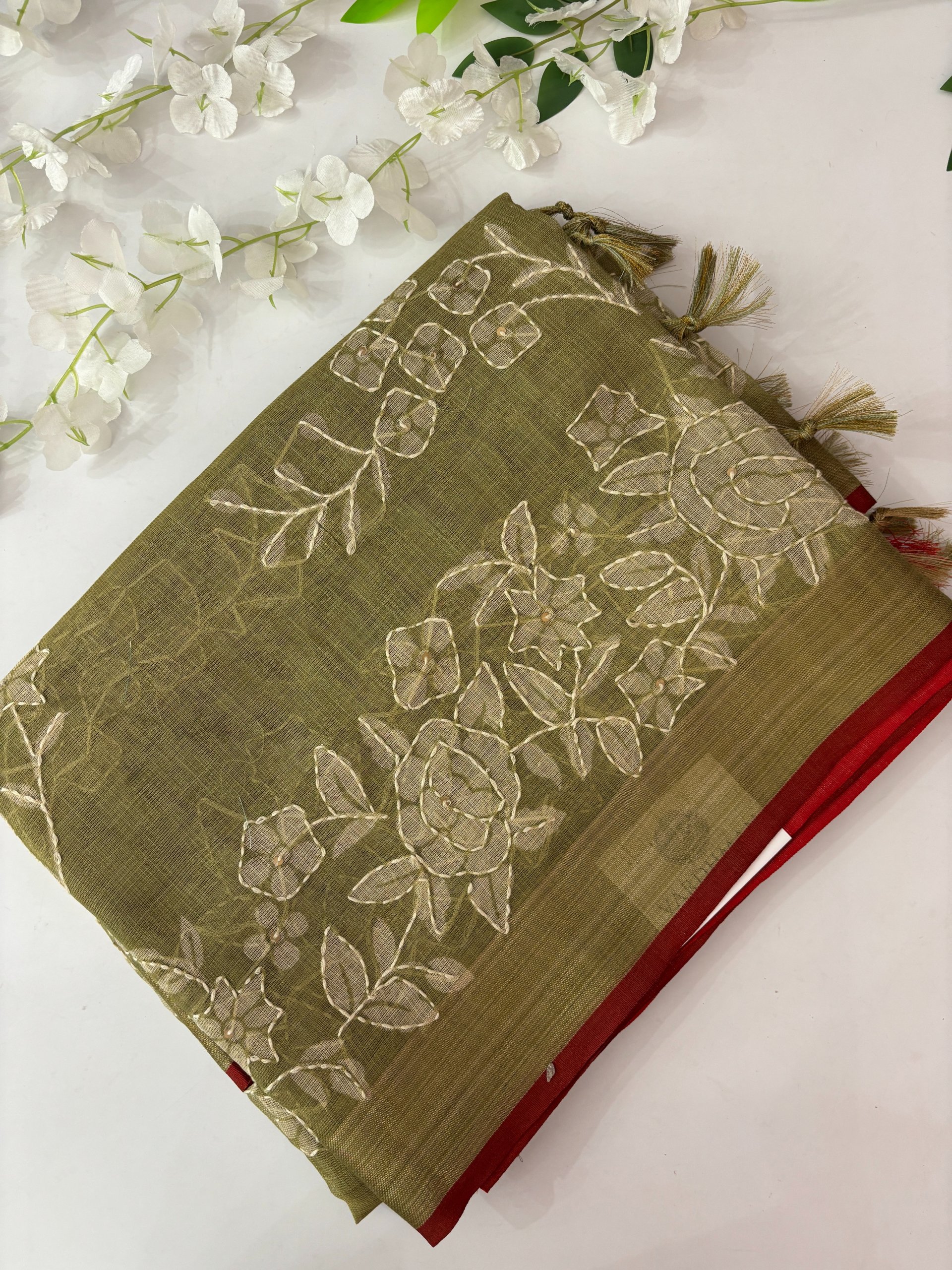 Green Linen Tissue Saree with Kantha Work