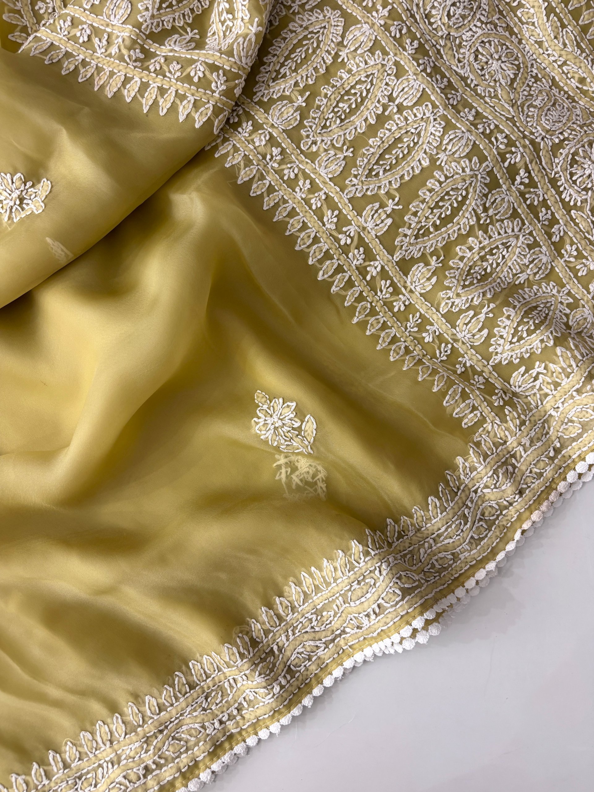Yellow Soft Organza Saree with Katha Work