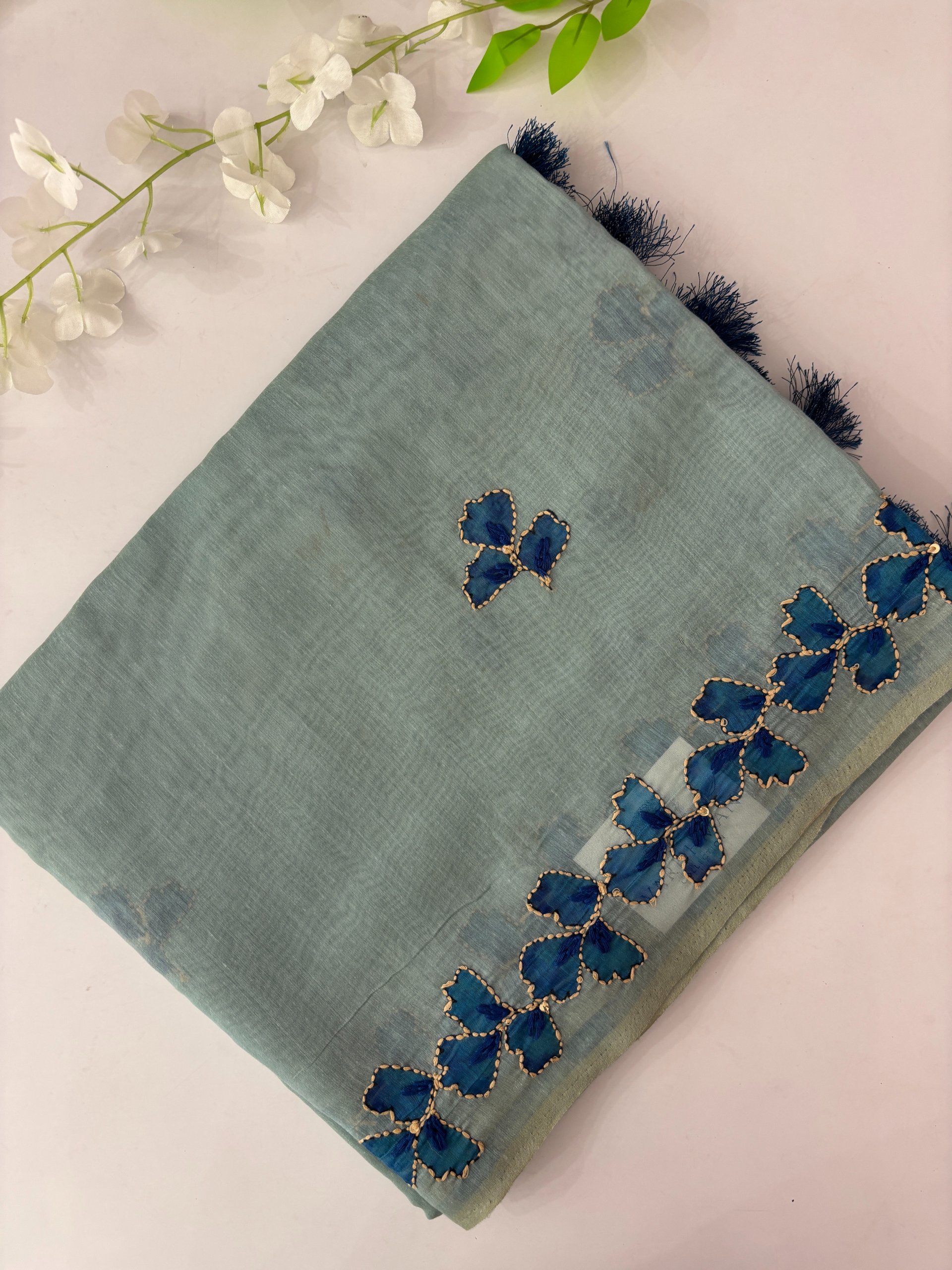 Blue Kantha Work Saree