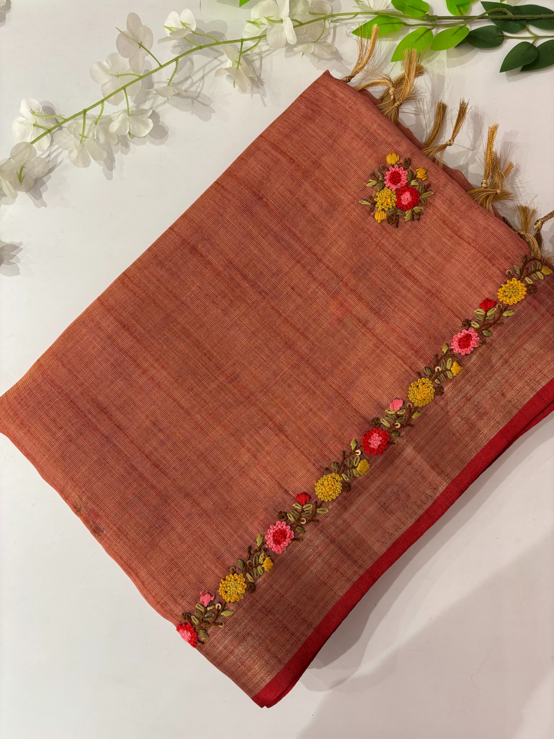Dusty Peach Linen Tissue Saree with Knot Work