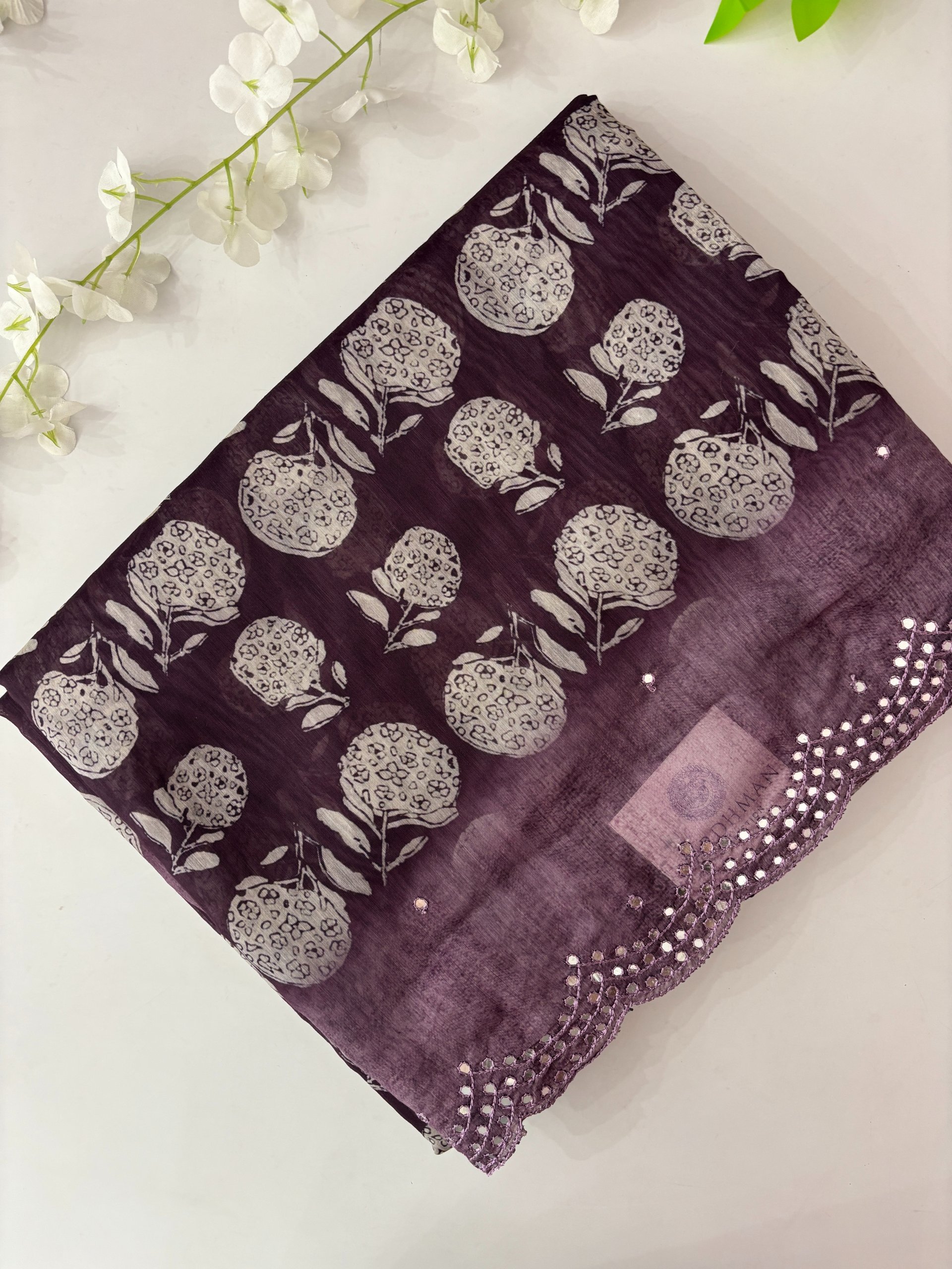 Dusty Lavender Scalping Border Digital Chanderi Cotton Saree with Mirror Work