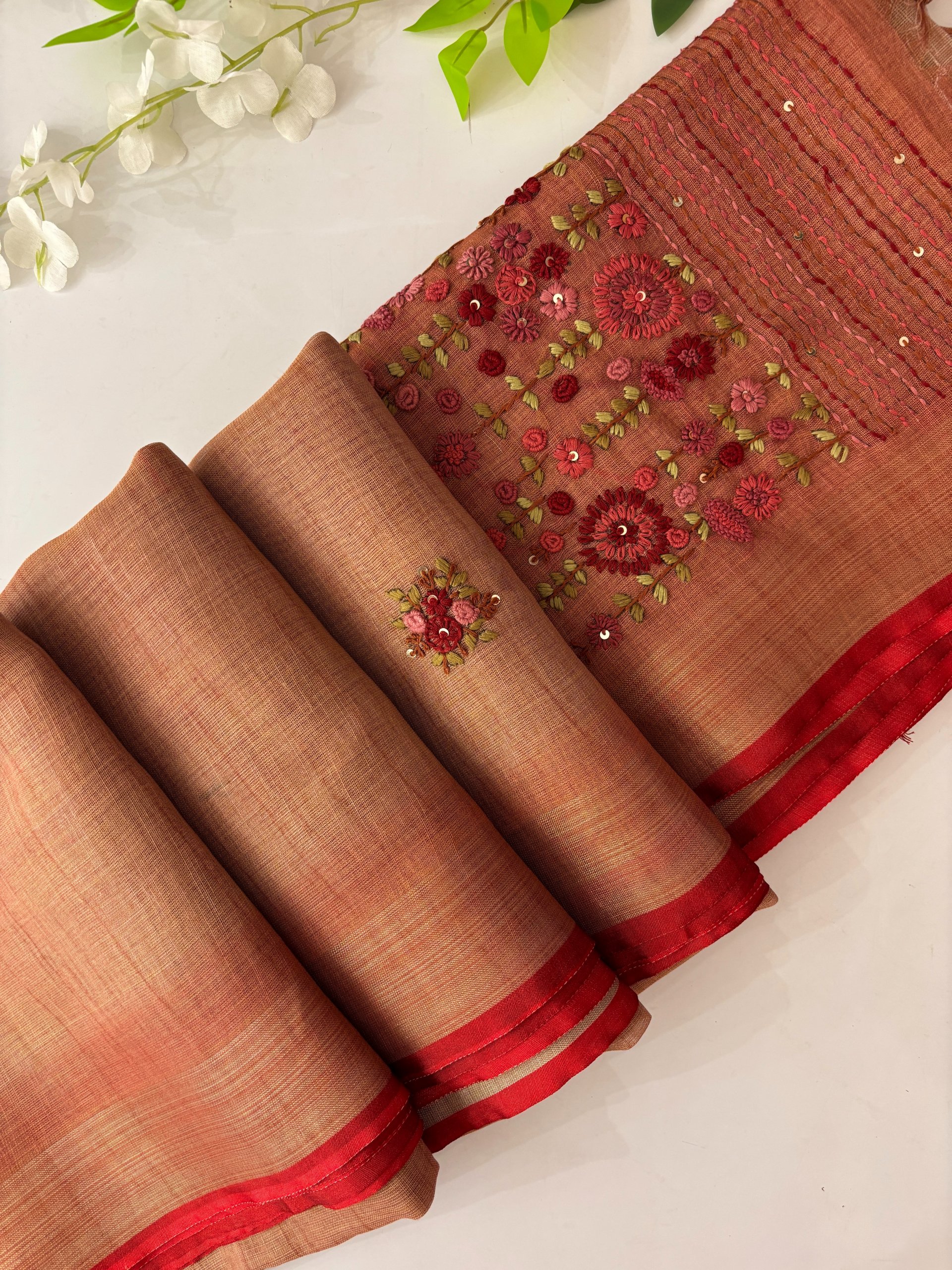 Redish Pink - Linen Tissue Saree with Knot Work