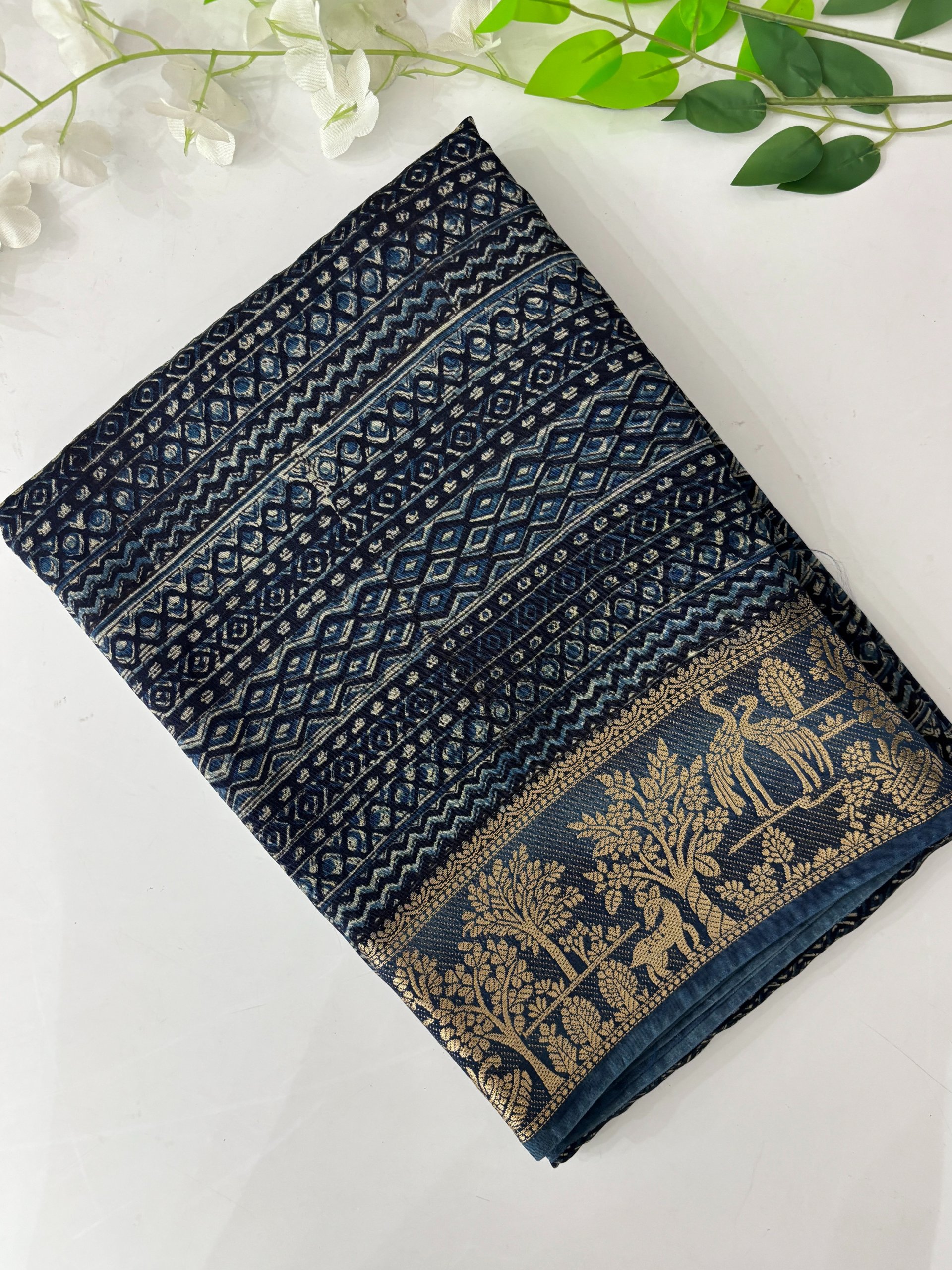 Semi Indigo Print Chanderi Cotton Saree