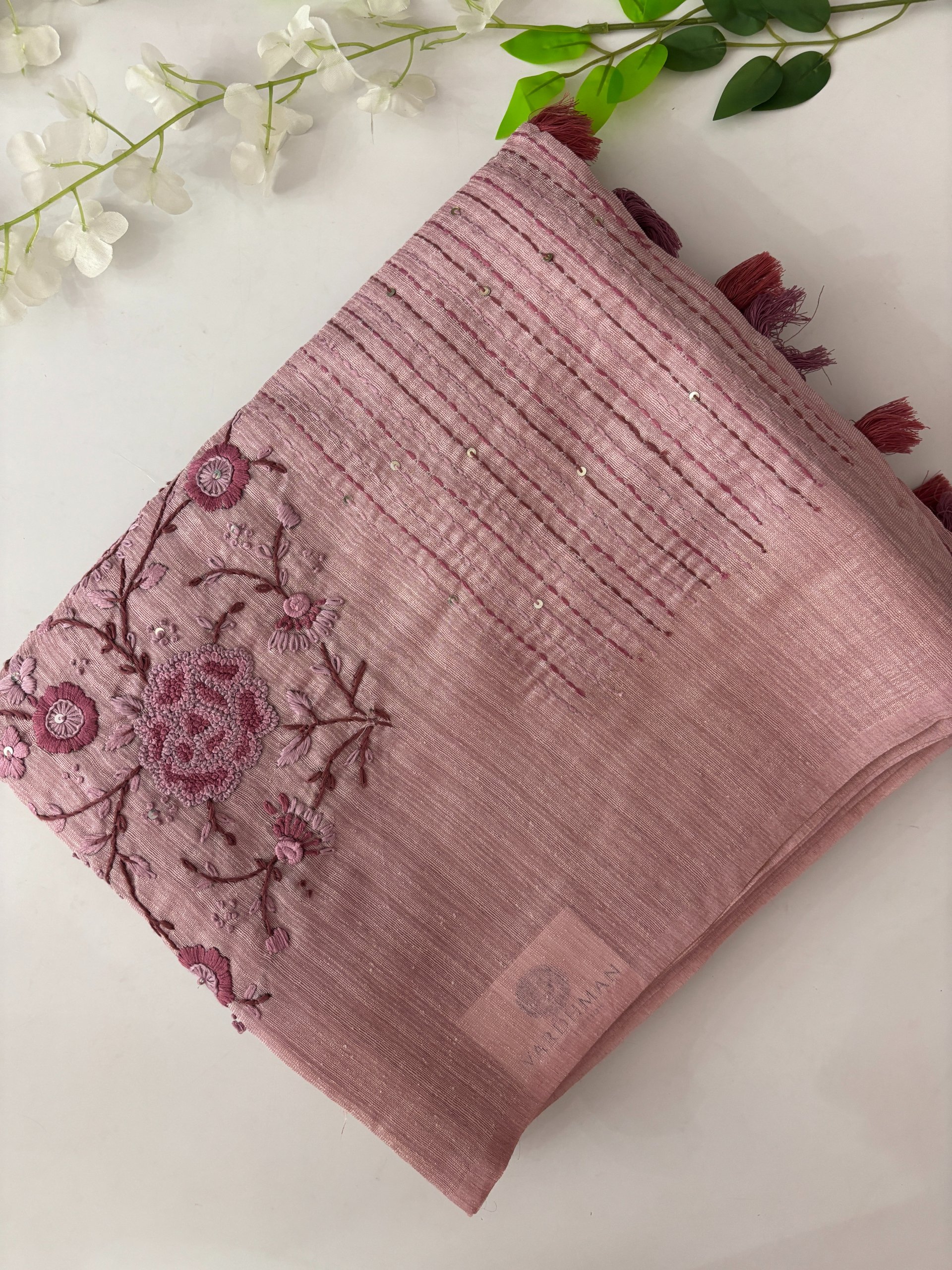 Onion Pink Jute Cotton Saree with Knot Work 