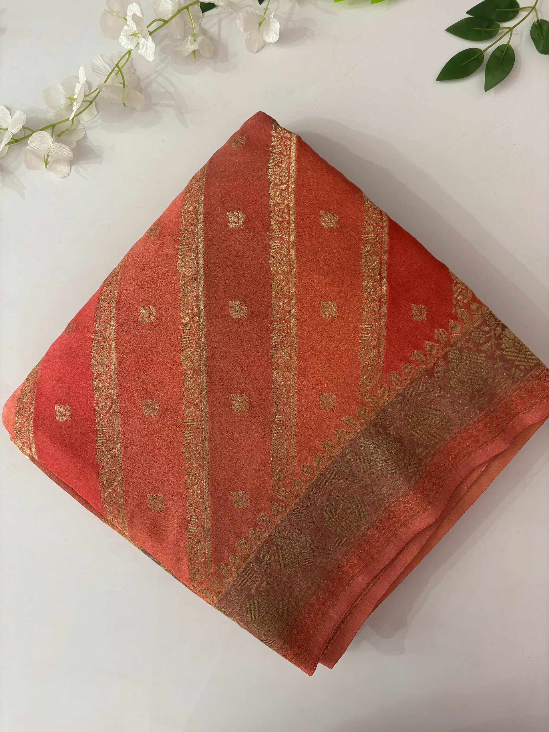 Peach Banarasi Rangkat Crepe Saree