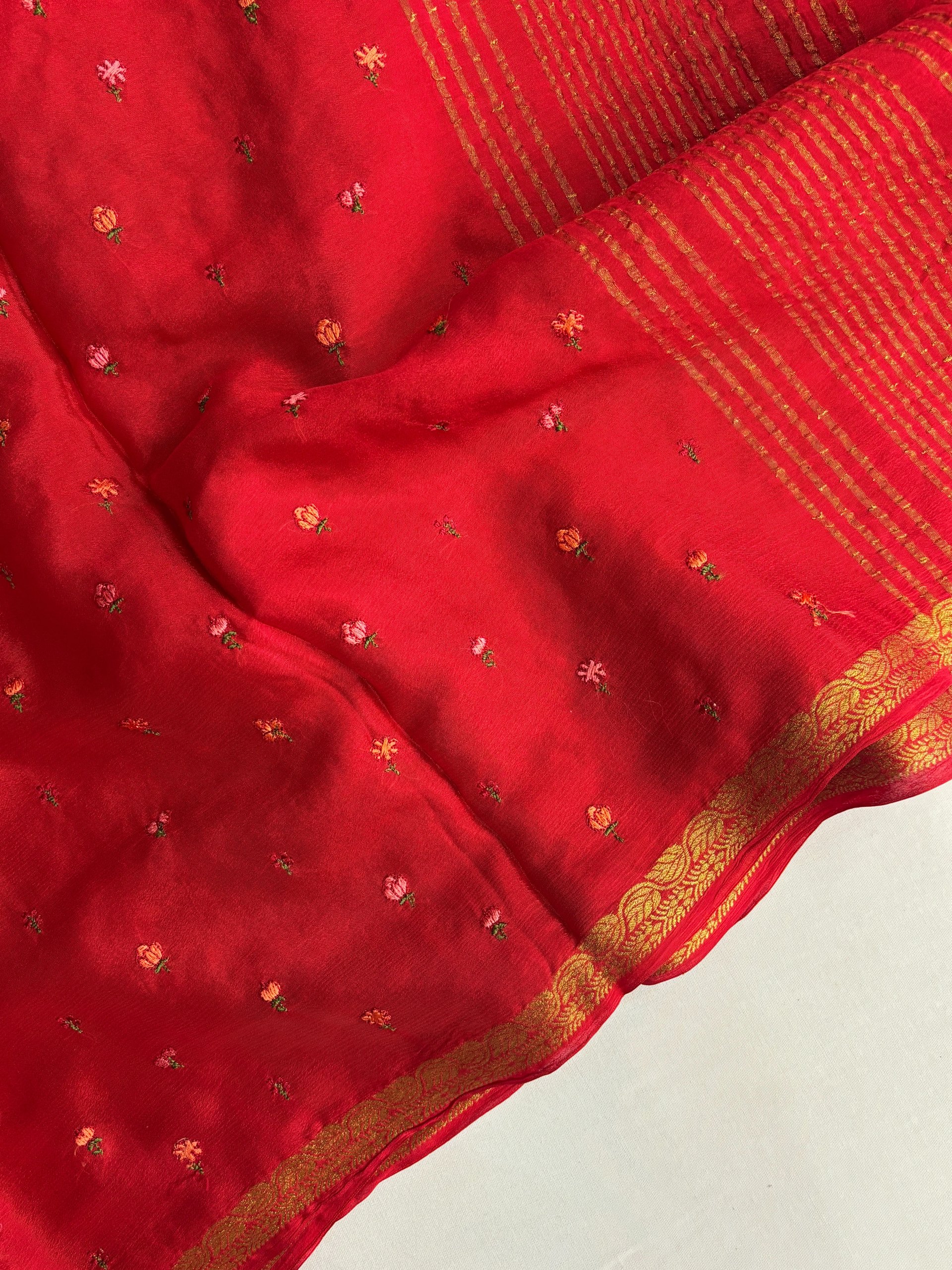 Red Fancy Chinon Chiffon Sarees with Embroidery
