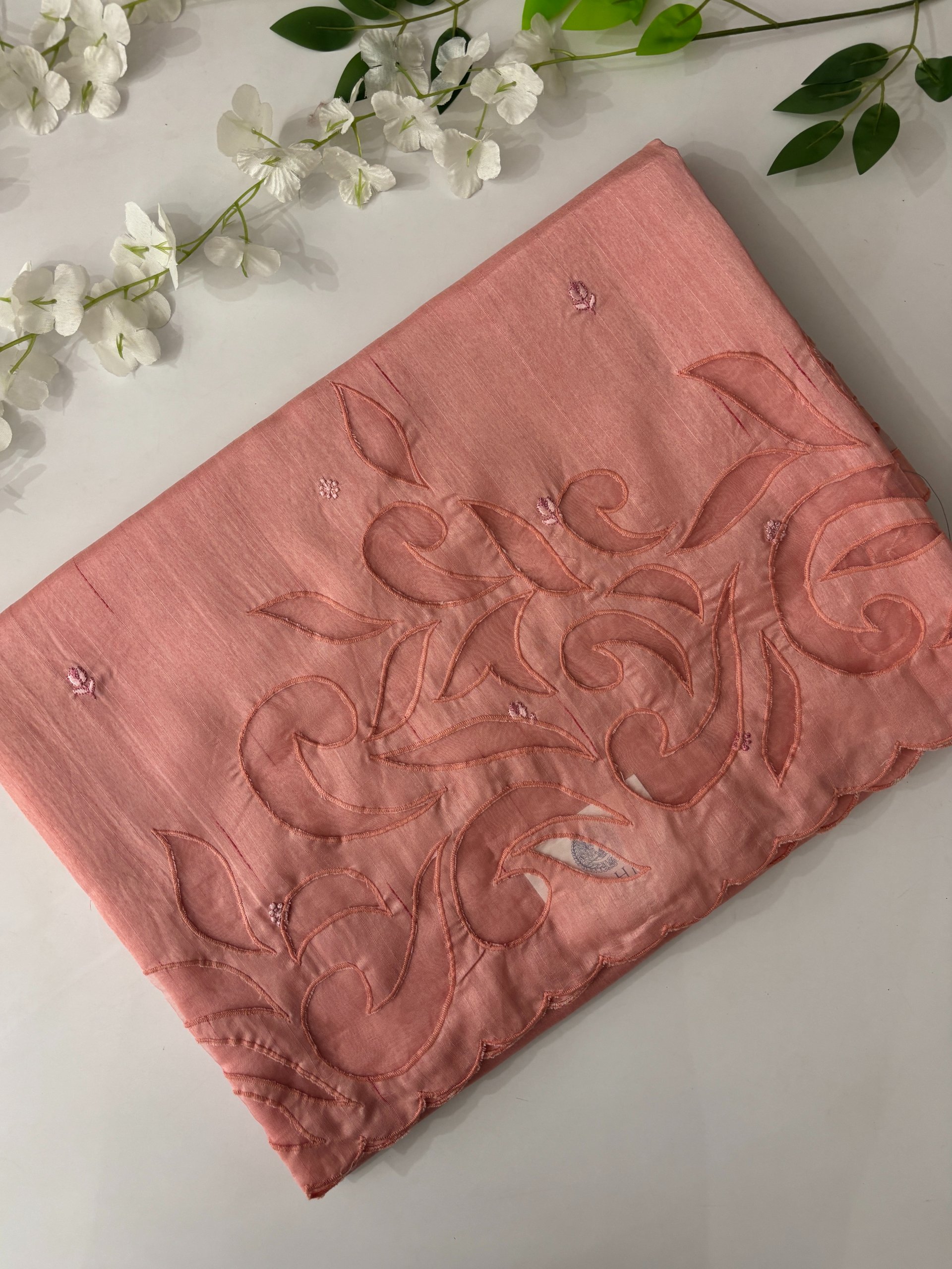 Light Peach Tussar Silk Sarees with Applique Work