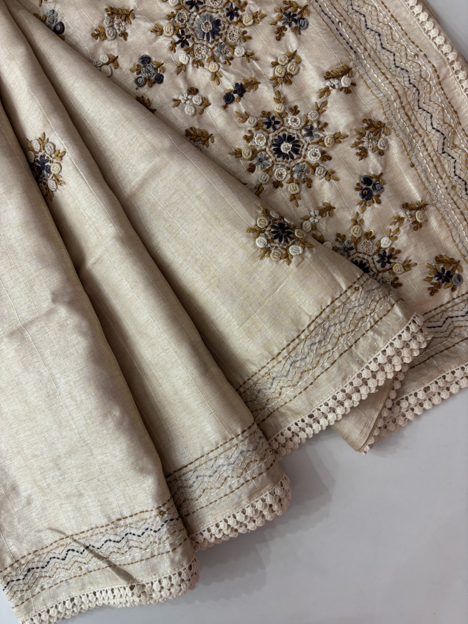 Grey Cream Semi Tussar Silk Sarees with Knot Work