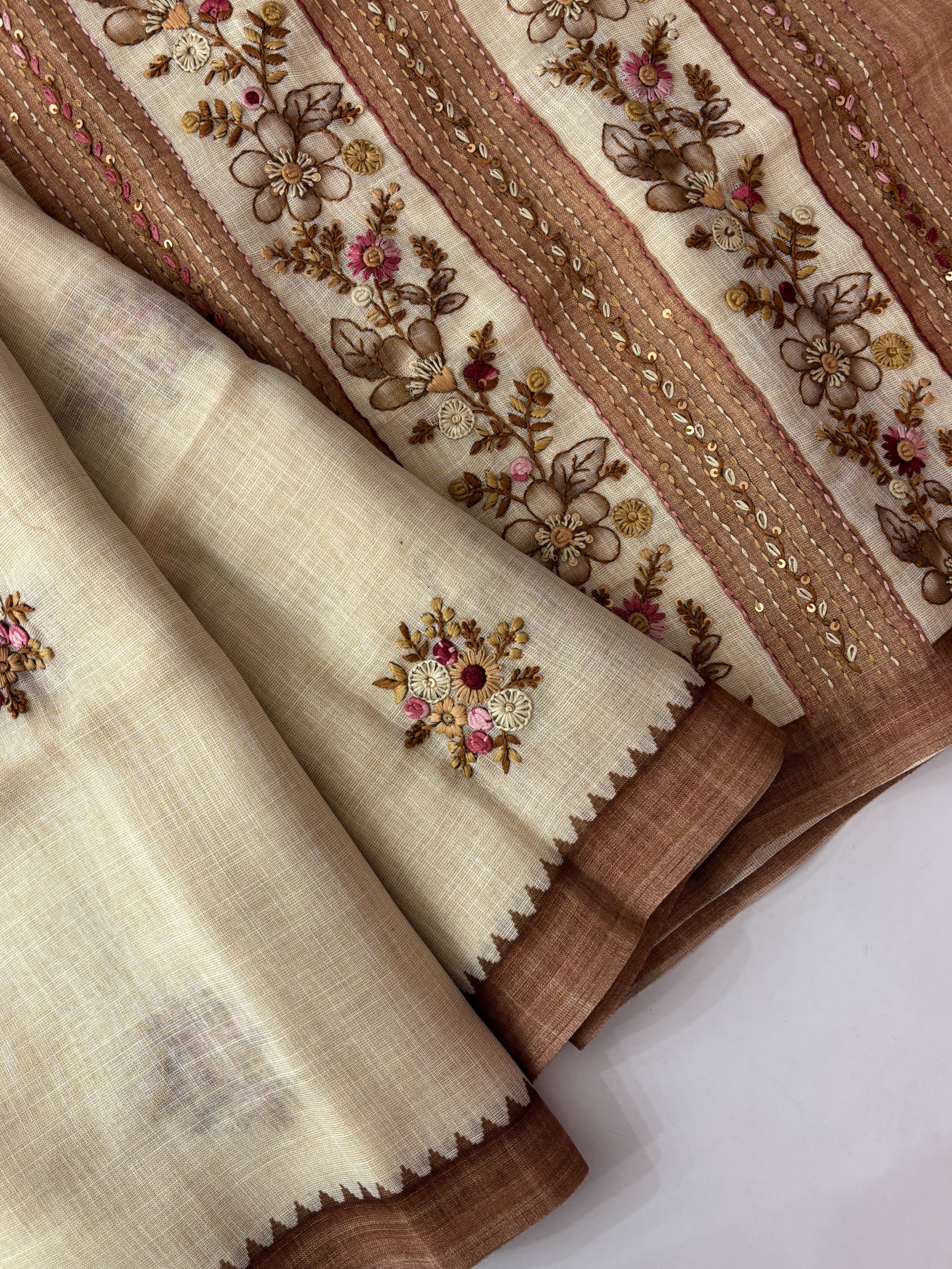 Cream and Dark Chiku Tissue Linen Knot Work Saree