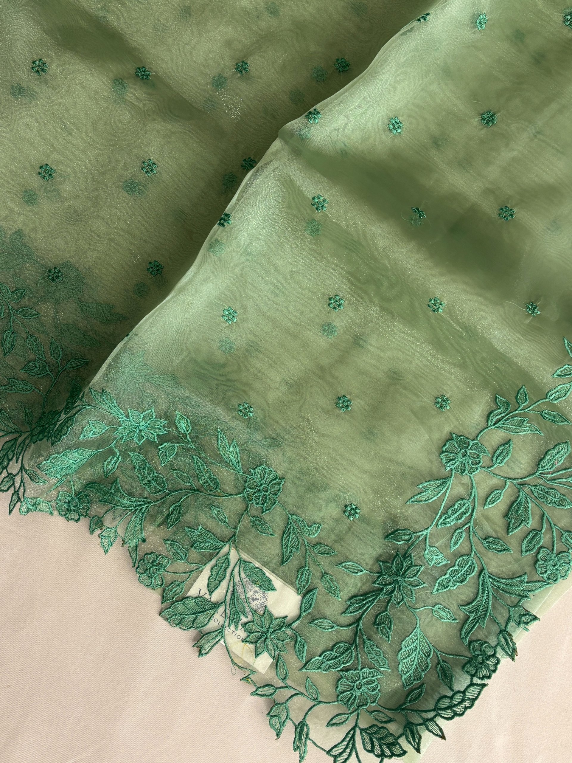 Green Tissue Organza Saree with Scalloped Border