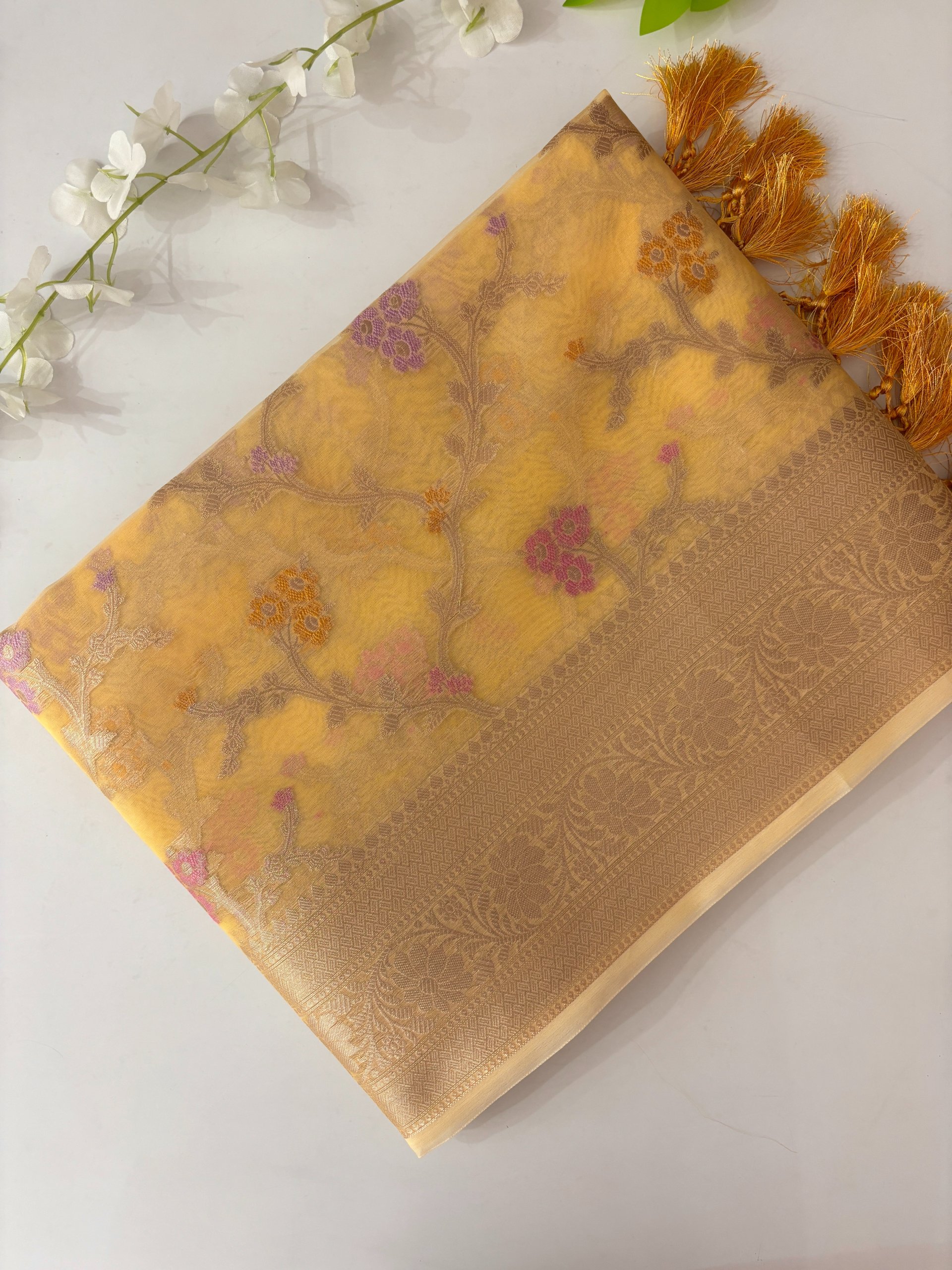 Yellow Banarasi Kora Silk Saree