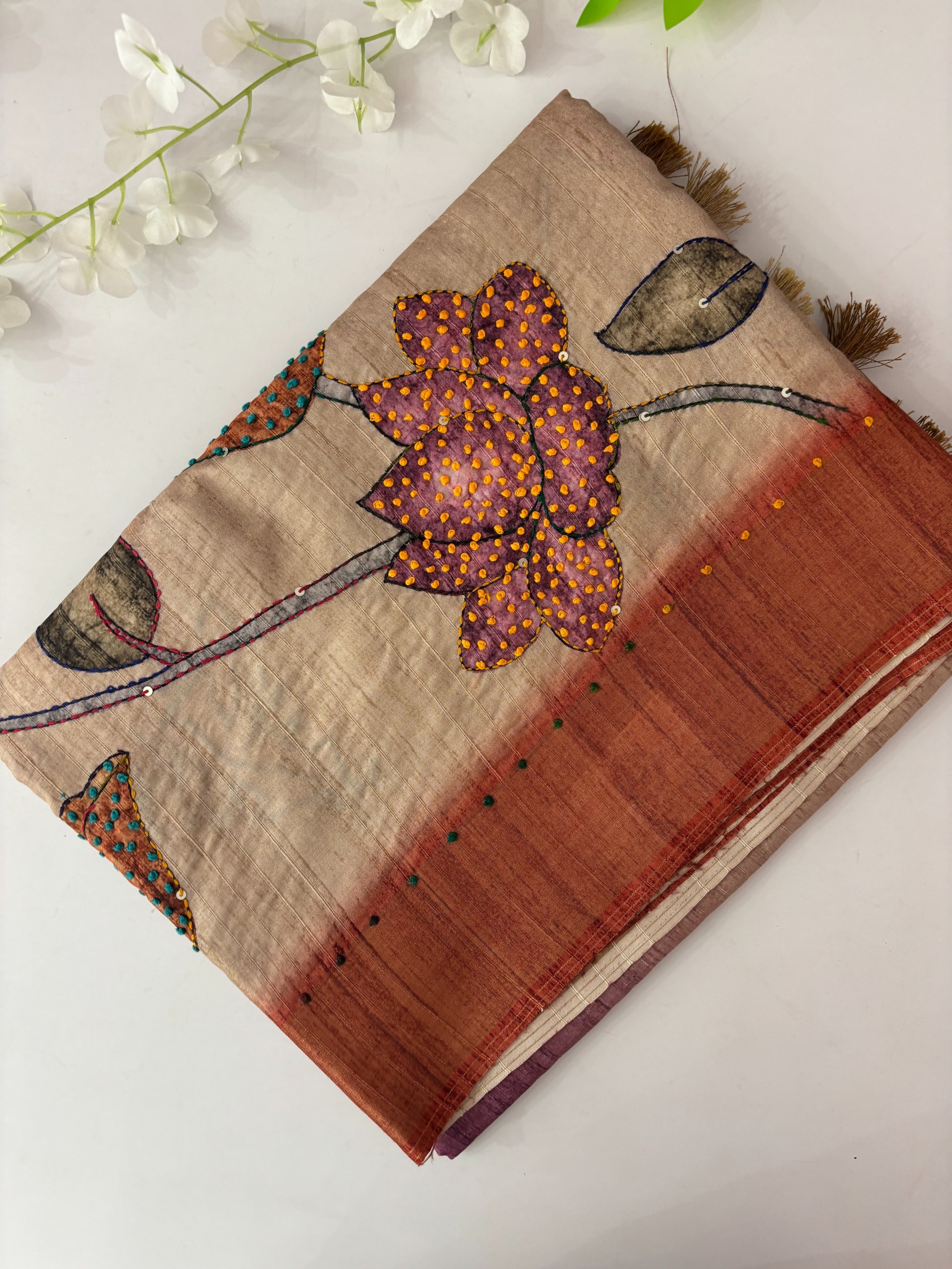 Pink Printed Raw Silk Saree with Knot Work