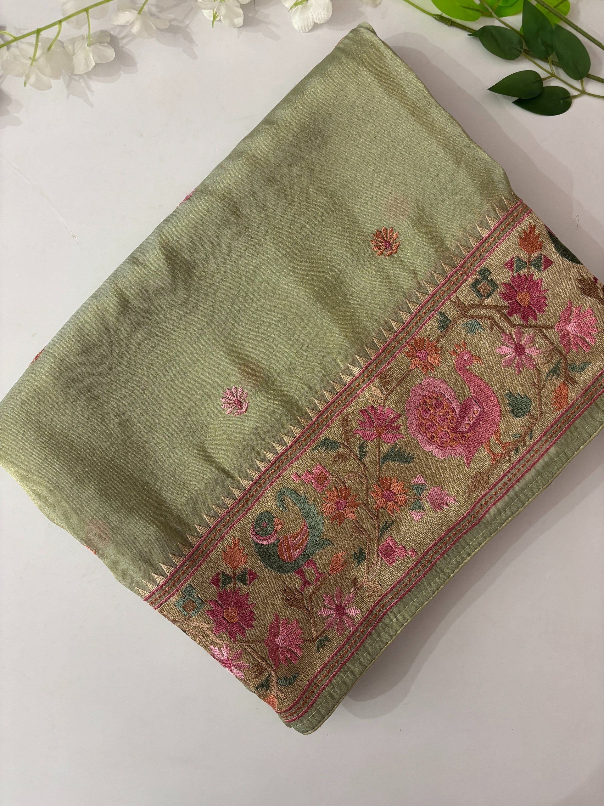 Light Green Fancy Tissue Saree with Embroidery