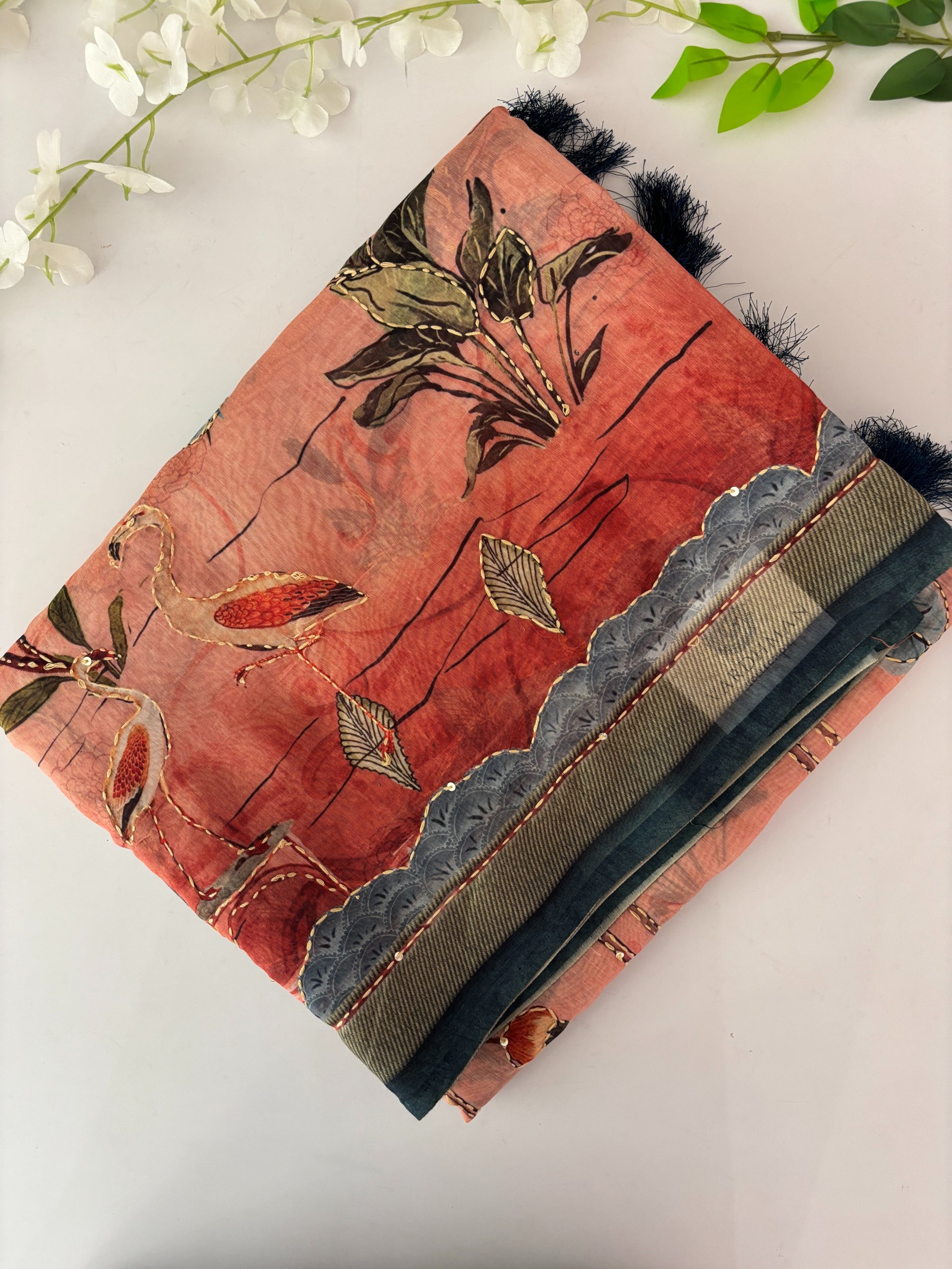 Peach Kantha Work Saree