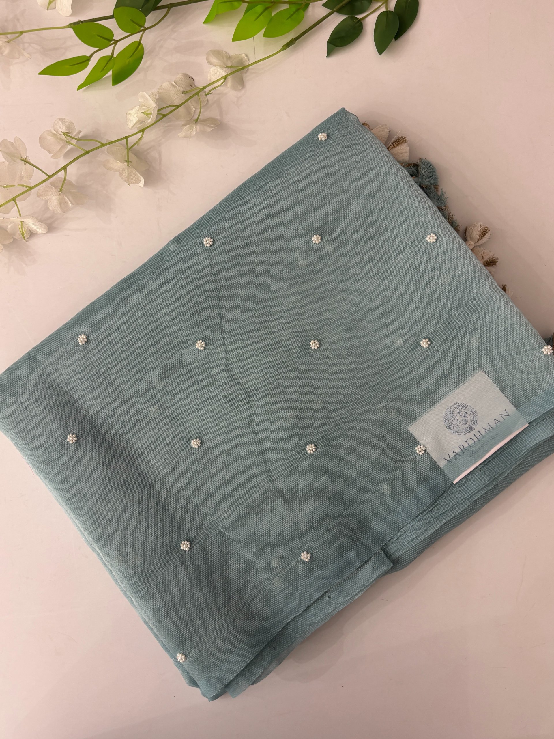 Light Blue Cotton Tissue Saree with Hand Work