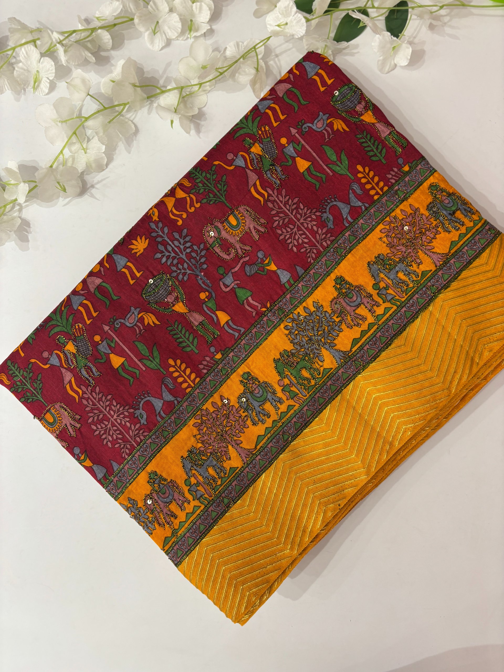 Maroon Printed Tussar Silk Saree with Neem Zari Work