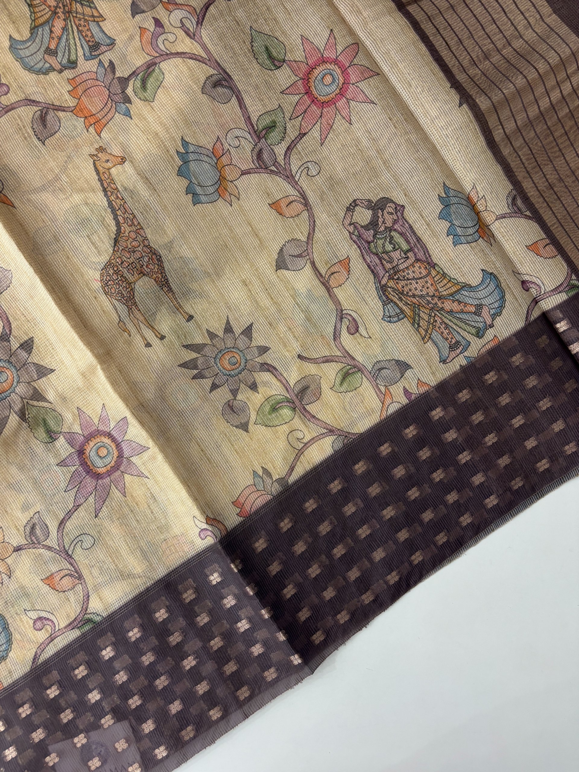 Grey Border Printed Supernet Tissue Saree