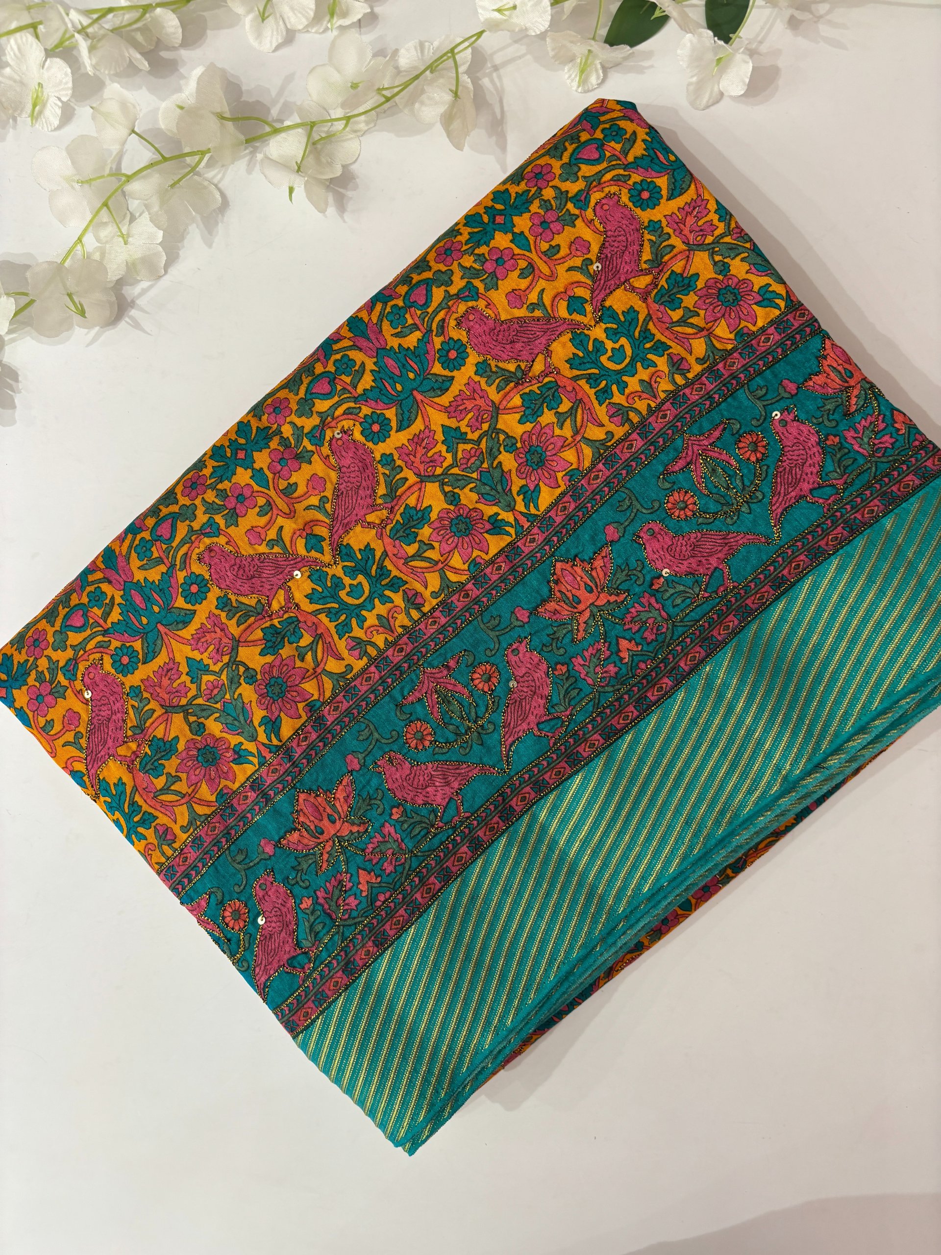 Mustard Printed Tussar Silk Saree with Neem Zari Work