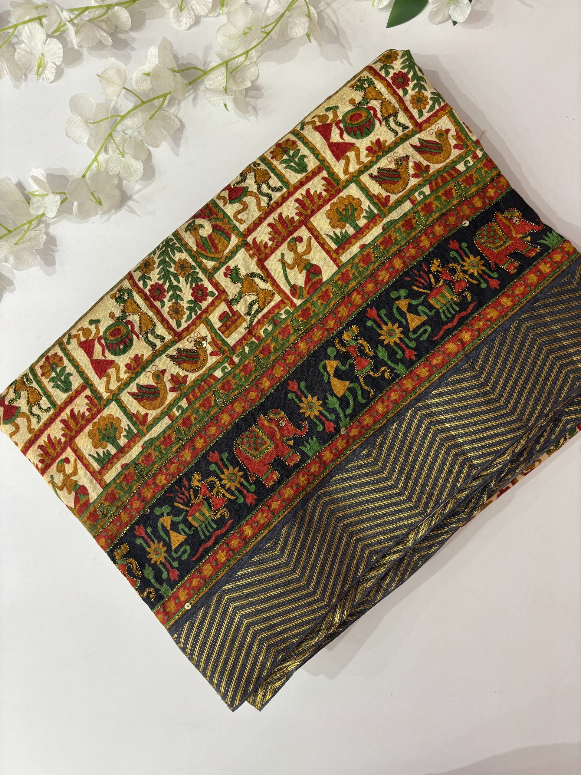 Cream Printed Tussar Silk Saree with Neem Zari Work