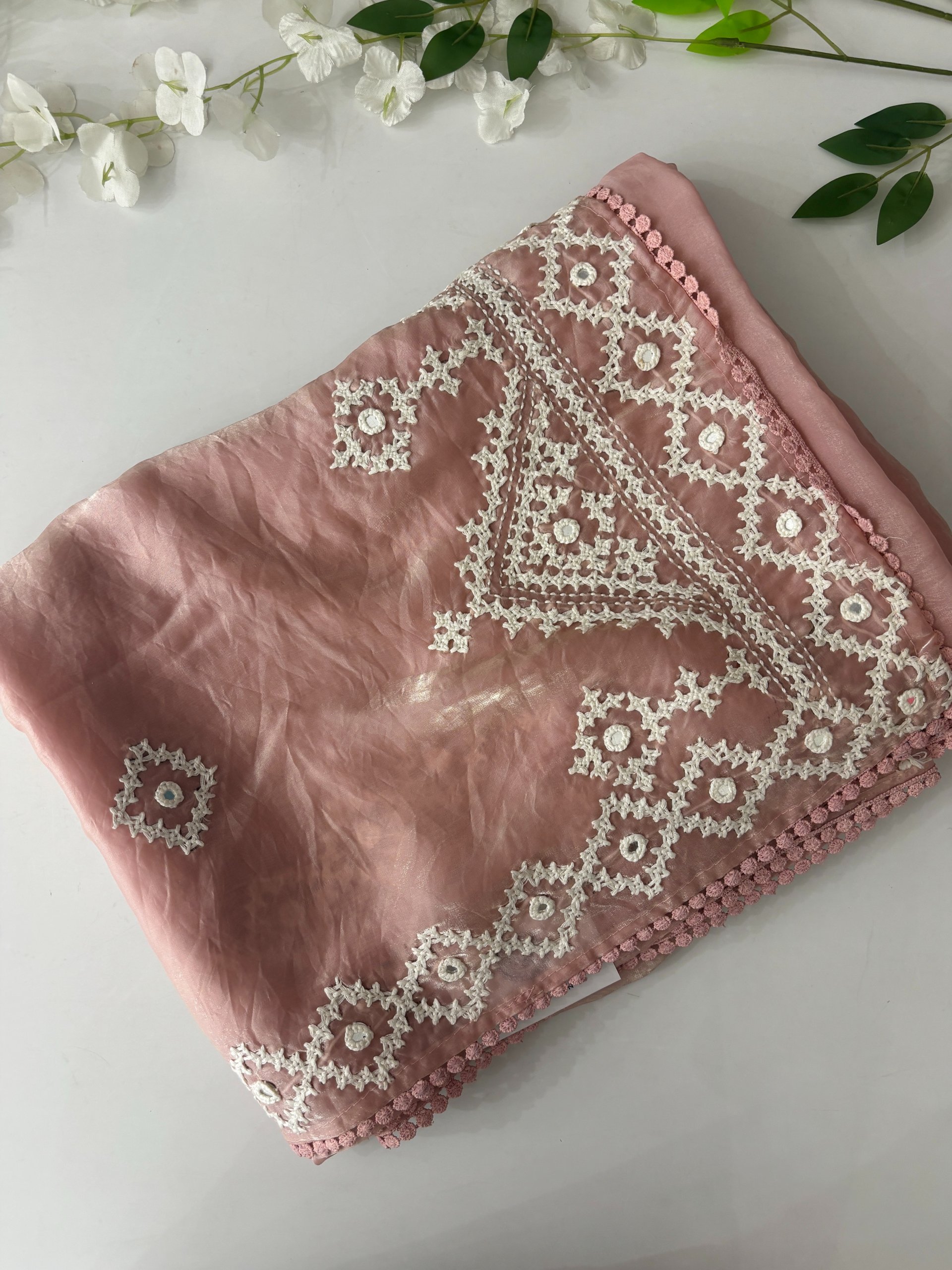 Light Pink Glass Tissue Organza Sarees with Kutch Work