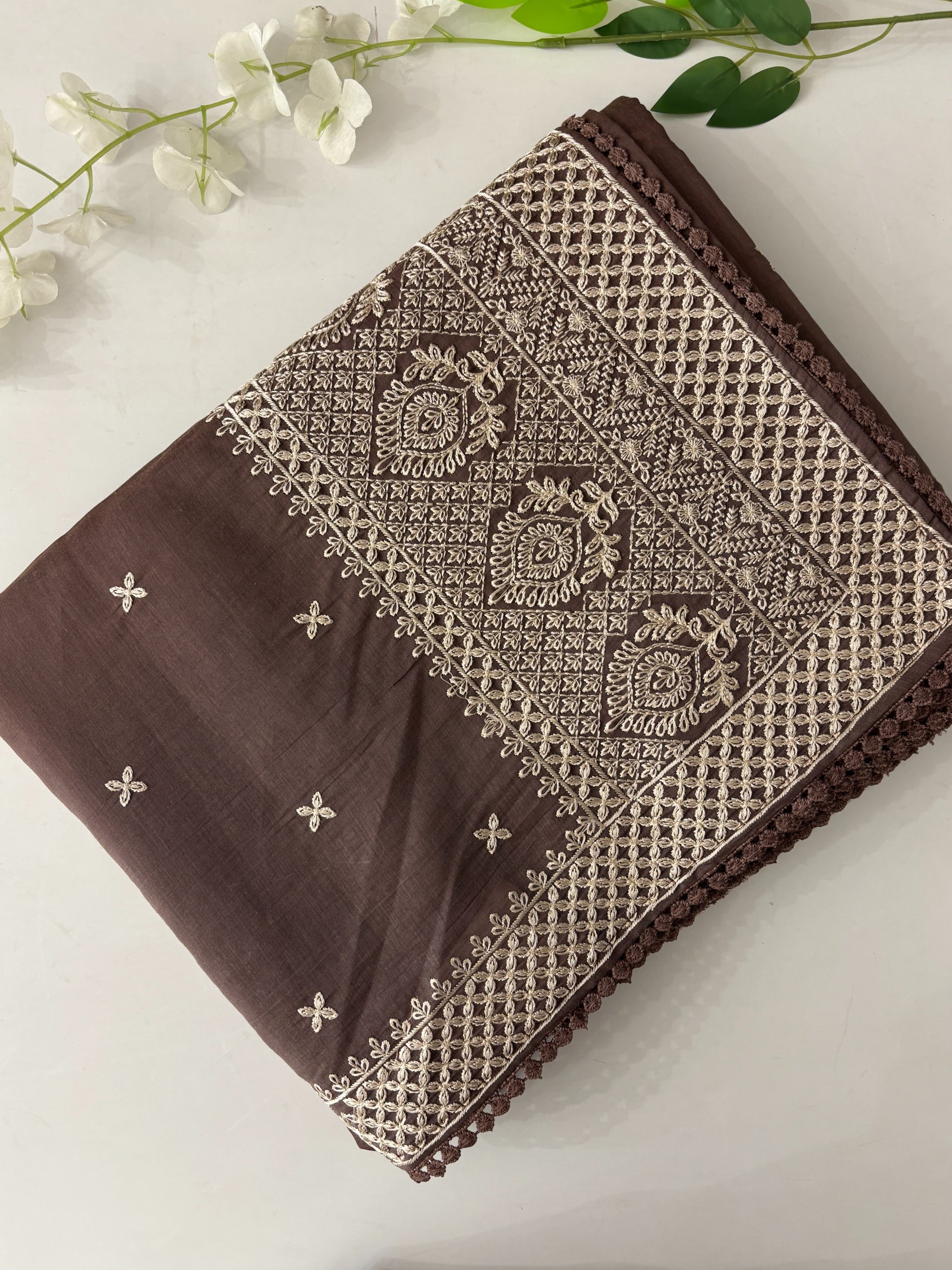 Brown Mul Chanderi Saree with Embroidery
